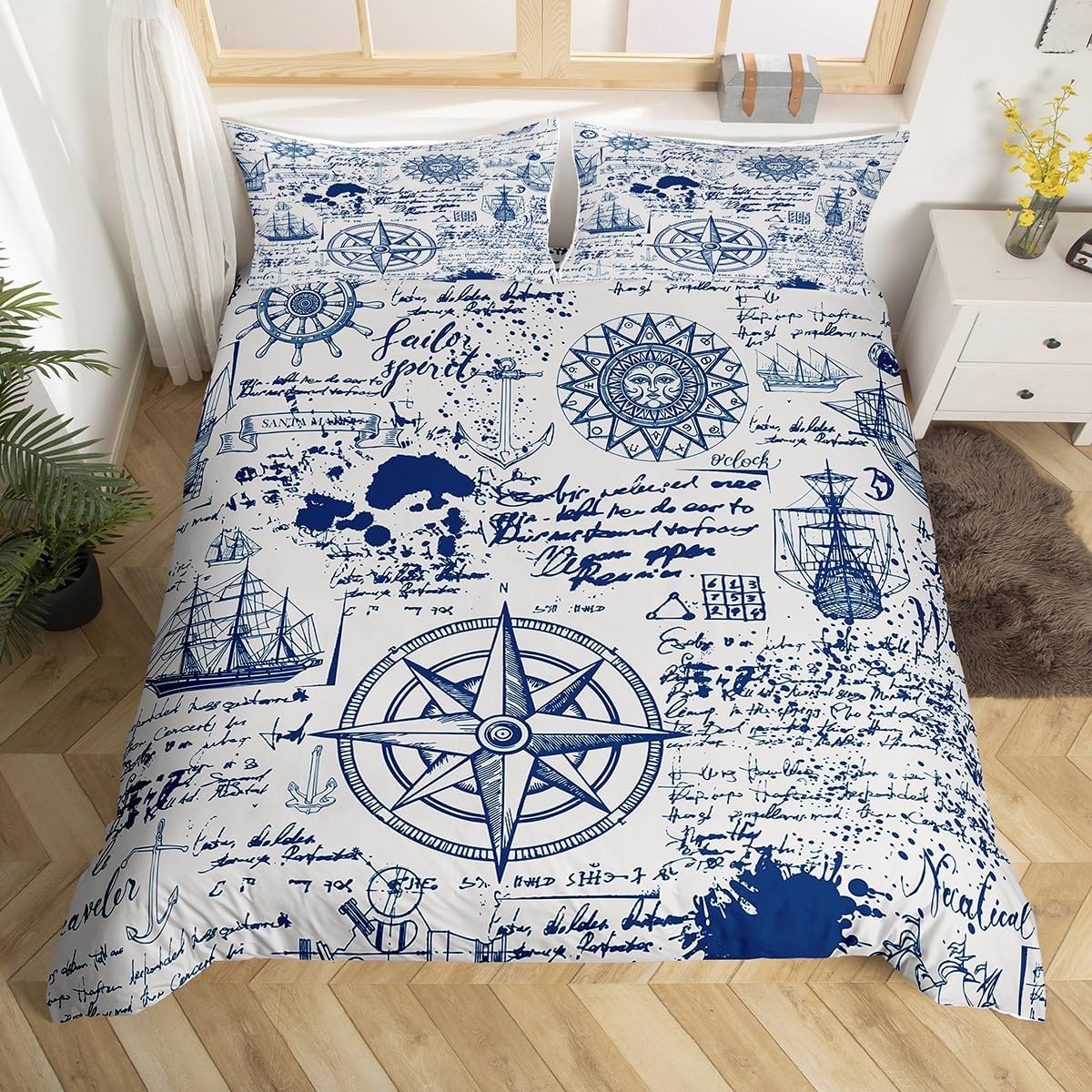 jejeloiu Kids Anchor Decor Bedding Set Nautical Themed Duvet Cover for Boys Children Teens Bedroom Decor Nautical Comforter Cover Set Ocean Themed Blue Bedspread Cover 3Pcs Zipper Queen Size