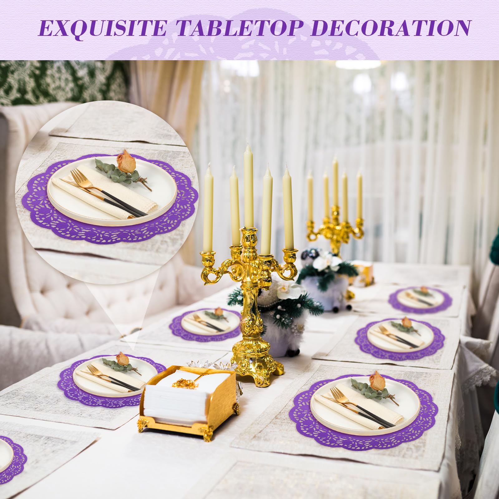Yexiya 200 unidades de blondas de papel de encaje desechables de papel de aluminio de encaje, manteles individuales para pasteles, manualidades, decoración de bodas (morado, redondo)