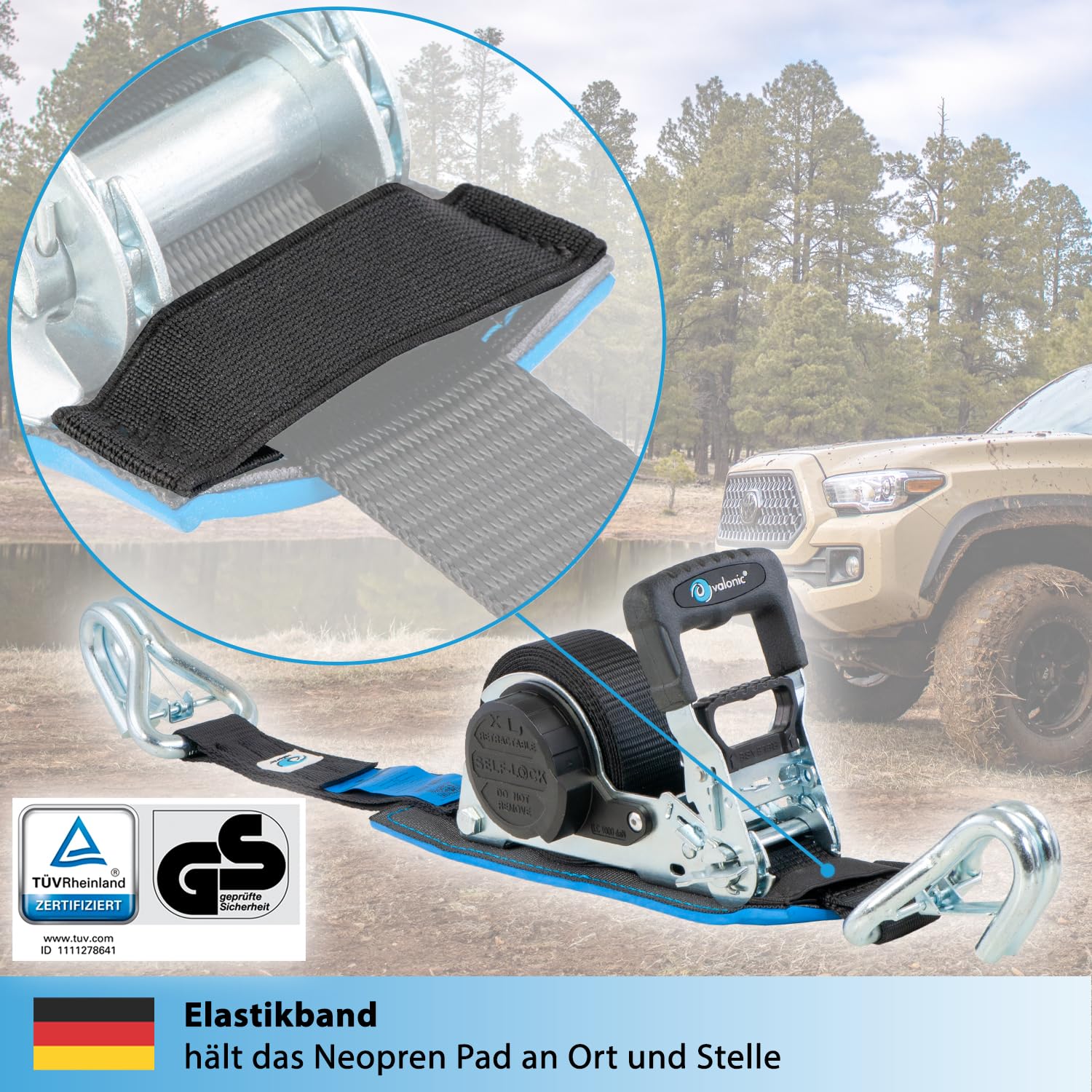 valonic Grizzly - 2X 5m XXL Automatik Spanngurt mit Haken, gepolstert, Blaue Fahne, 35mm, 800/1600Kg, TÜV Rheinl. / GS, EN 12195-2 - Spanngurte mit Ratsche, Zurrgurte für Motorrad, Auto, schwarz