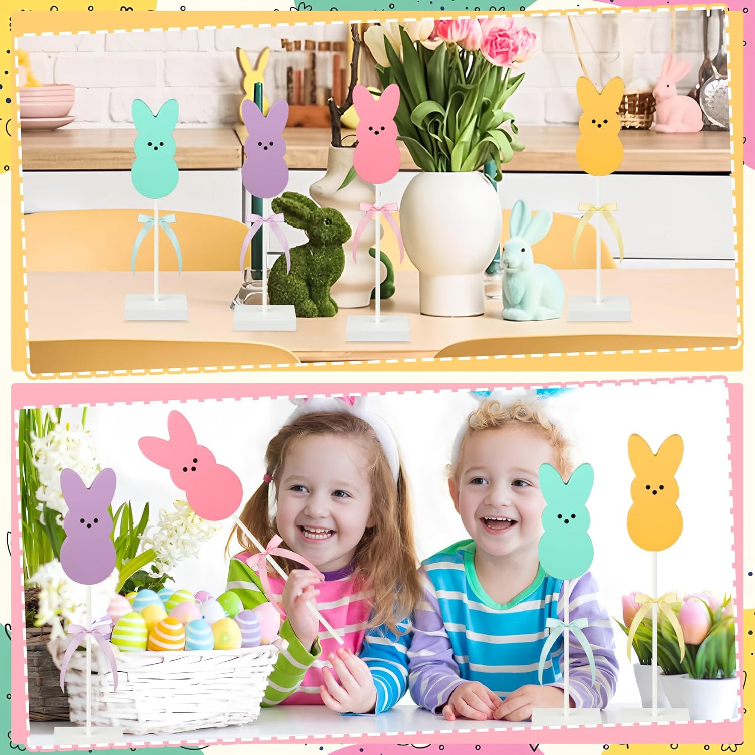 4 Pcs Easter Bunny Wooden Table Signs Easter Peeps Standing Table Decorations Colorful Rabbit Shape Tabletop Centerpieces Tiered Tray Decor for Spring Party Farmhouse Home Office Shelf Desk Decor - Image 7