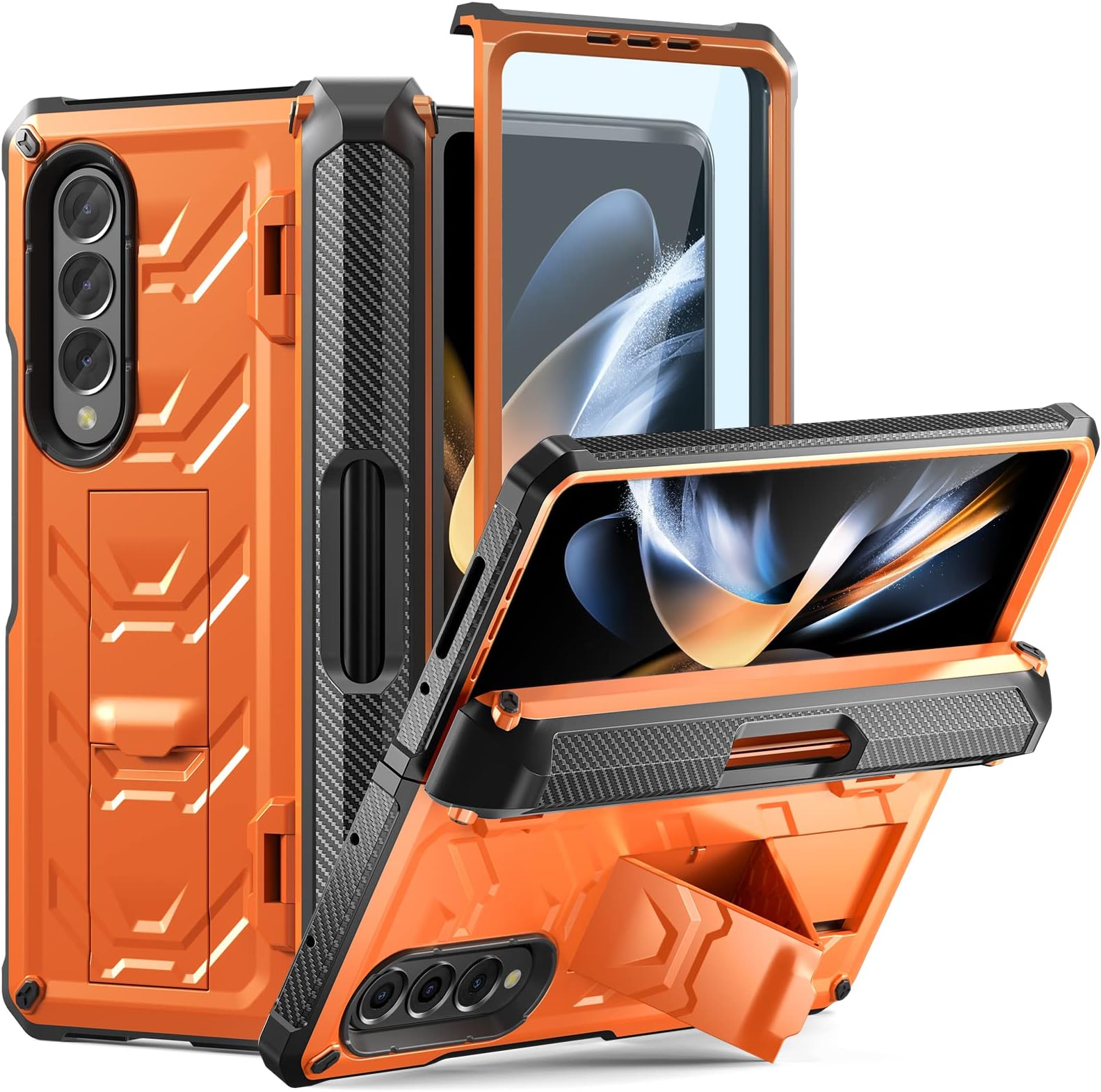 FONREST Rugged Case Armor for Samsung-Galaxy-Z-Fold-4-5G w/Built-in [Kickstand] [S Pen Holder] [Screen Protector] [Hinge Protection], Heavy Duty Shockproof Hybrid TPU PC Protective Cover(Orange)