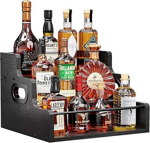 KLM Estante de exhibición de botellas de licor, organizador de jarabe de café, estante de vino de licor de 3 escalones, mini bar, gabinete de licor,