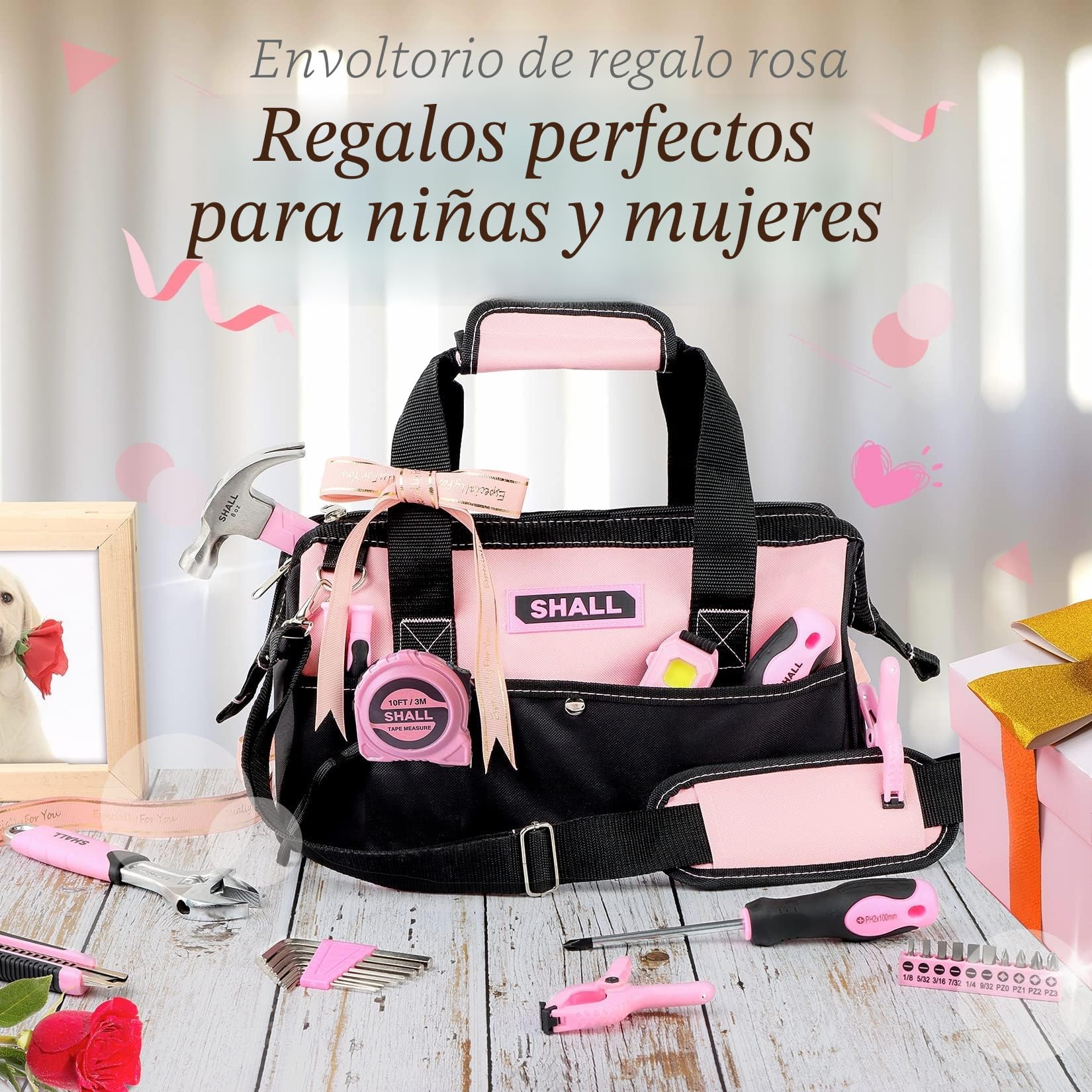 SHALL Juego de Herramientas Rosa, 246 Piezas, Kit de Herramientas básico para Damas para el hogar con Bolsa de Herramientas Abierta de Boca Ancha de 14 "