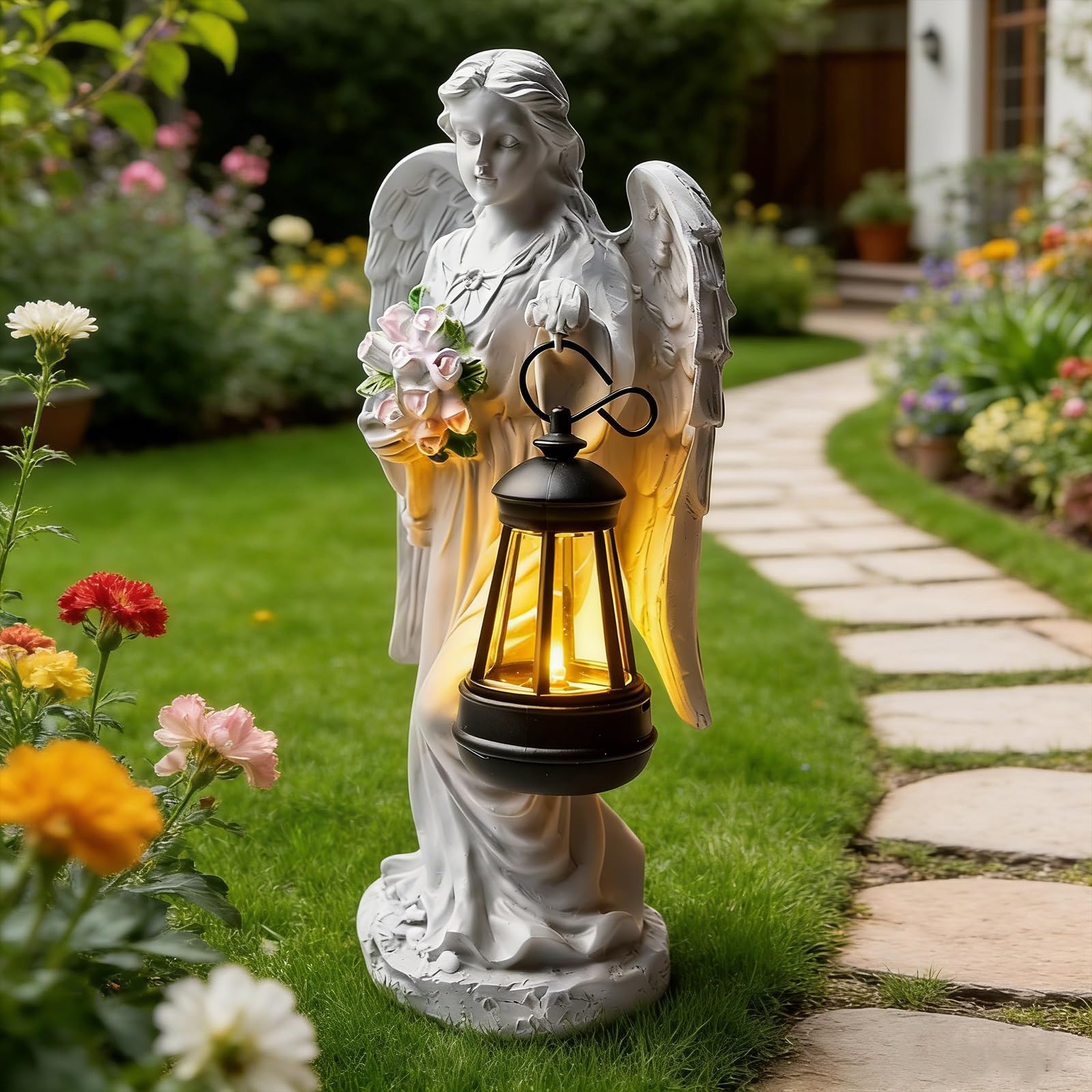 PORFOYO Figurine ange solaire pour jardin, décoration de tombe résistante aux intempéries, décoration de jardin solaire pour extérieur, petite lumière funéraire pour décoration extérieure, décoration