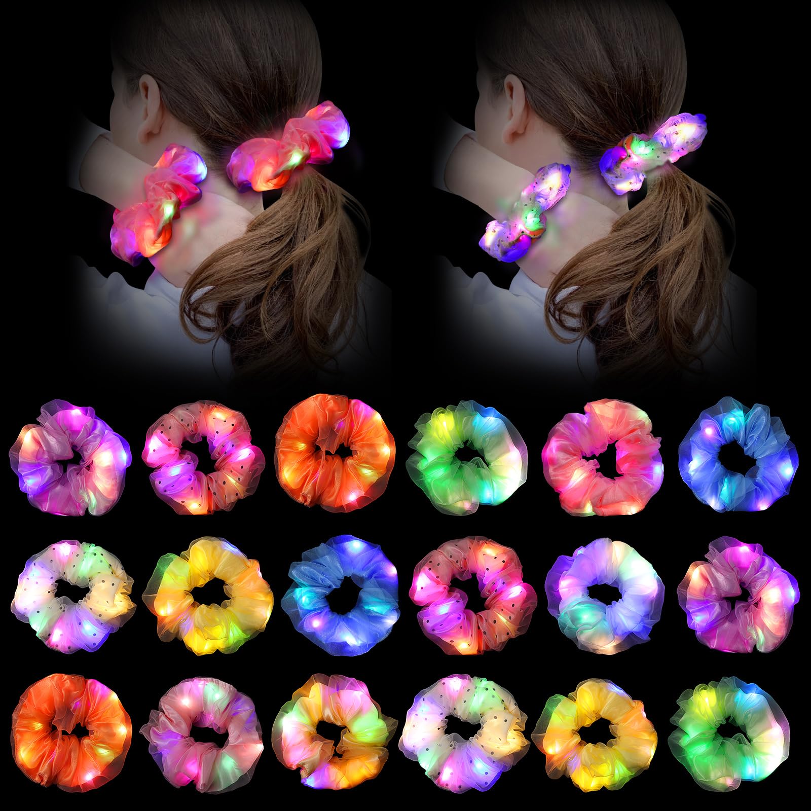 Piklodo 18 Pcs Light Up Scrunchies, LED Scrunchies for Girls & Women Double-Layer Colorful Elastic Hair Tie 3 Light Modes Glow in the Dark Hair Accessories for Rave Neon Glow Party Favor Birthday Gift