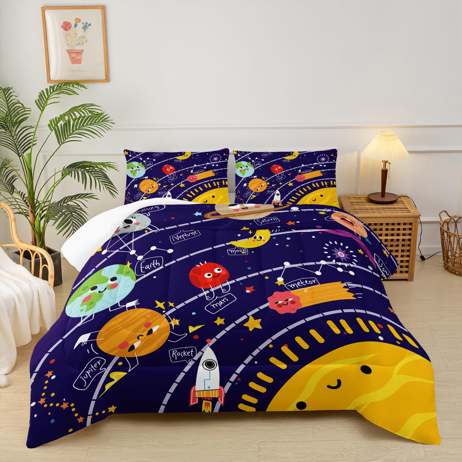 Cartoon Outer Space Theme Comforter Set Full for Kids，Boys Full Size Bedding Set Galaxy，Galaxy Quilt Full Size，with 1 Comforter with 2 Pillow Case
