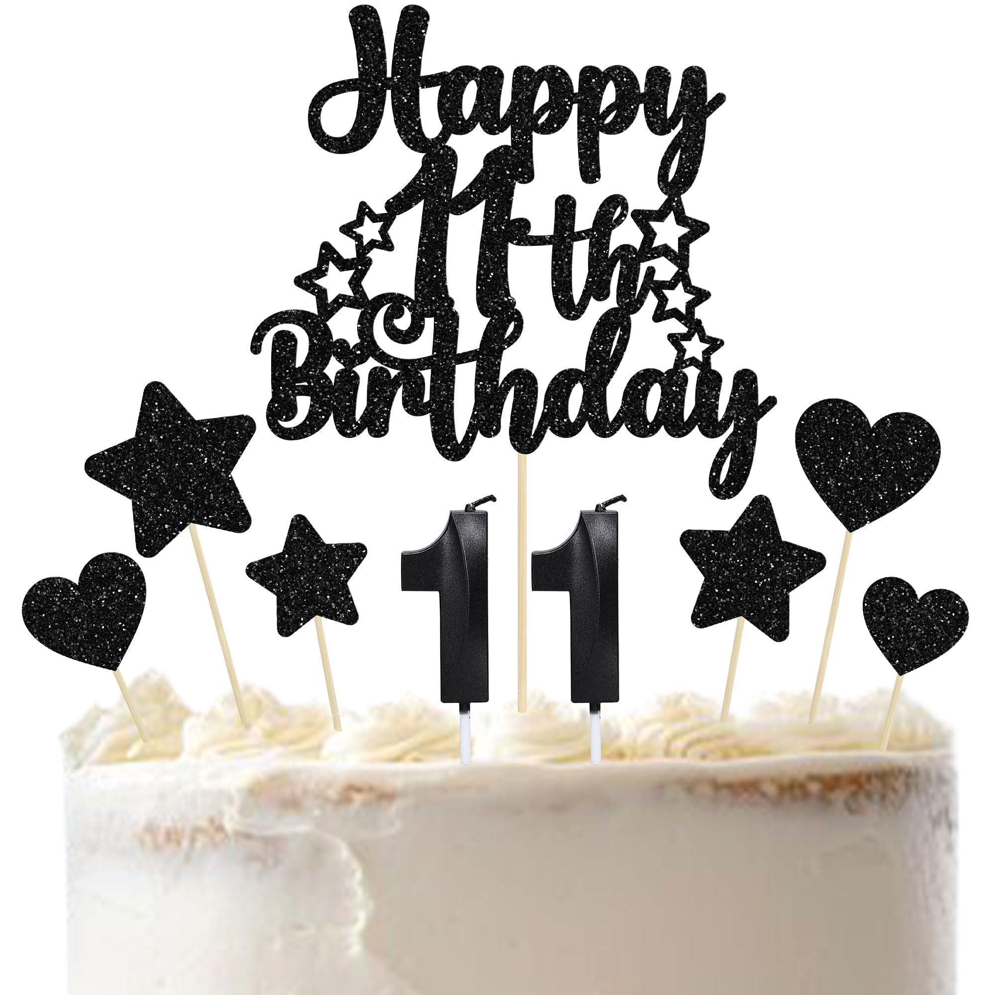 Gyufise 15Pcs Happy 11th Birthday Cake Topper Set Heart Star Glitter Cheers to 11 Years Cake Picks Number 11 Candles Cake Decorations for Happy 11th Birthday Anniversary Party Supplies Black
