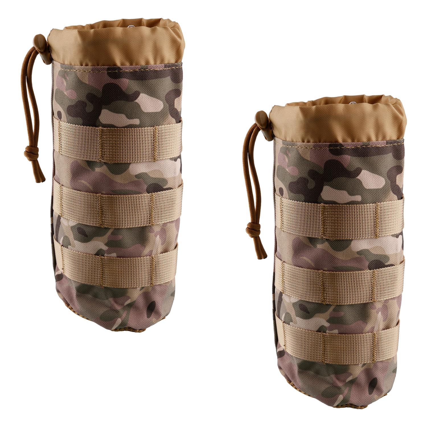 Wellrun Camouflage 2Pcs Molle Water Bottle Holder,Tactical Nylon Hydration Pouch For Outdoor,Hiking,Camping,Cycling,Adjustable With Drawstring And Mesh Bottom,