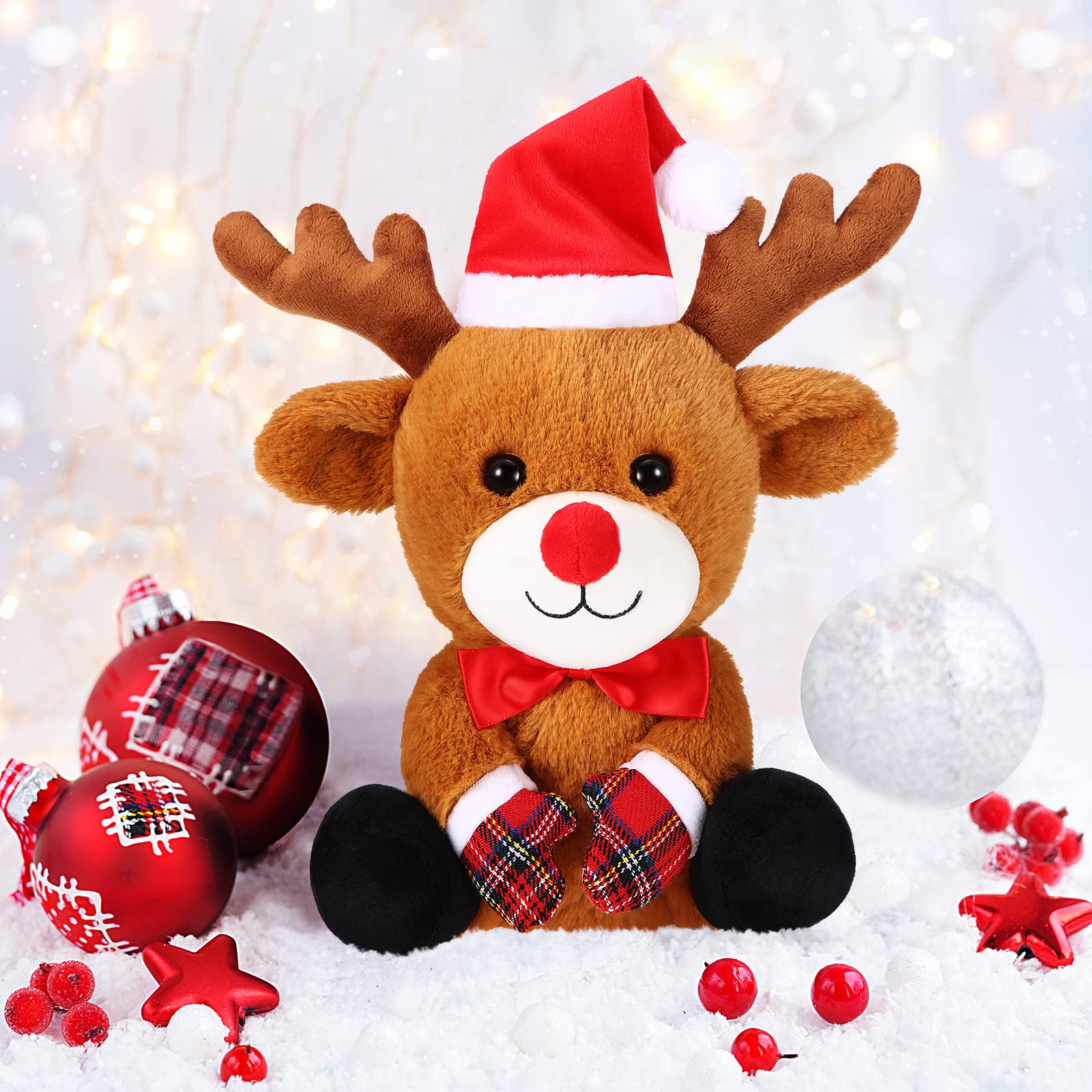 Threan 8 Inch Christmas Stuffed Animal Christmas Plush Toy Doll with Santa Hat Xmas Plush Stuffed Bear Monkey Deer Lion Koalas Panda Dog Elephant for Valentine's Day, Festival (Deer Style)