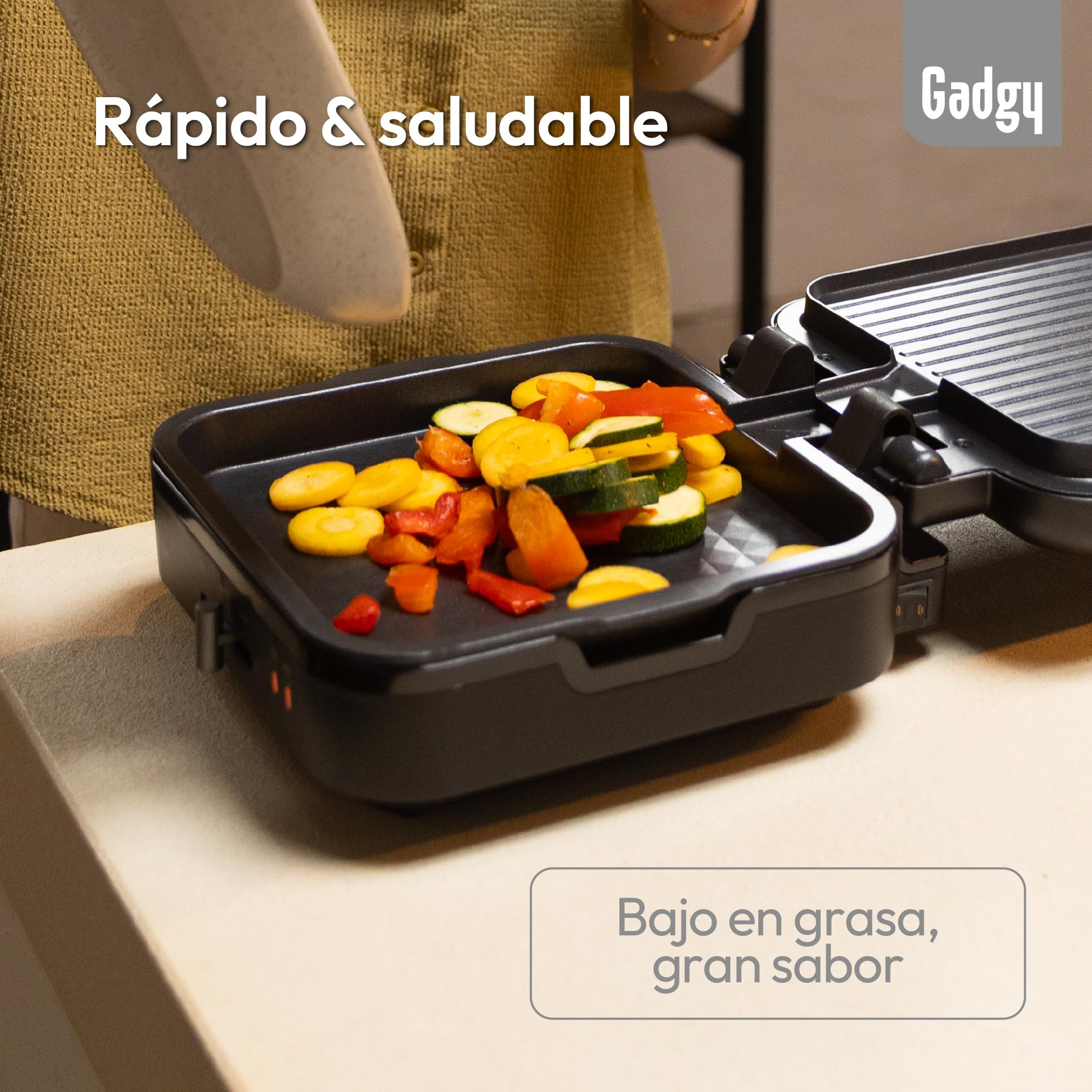 Gadgy 1400W Barbacoa de Contacto 2 en 1 – Base Extraíble – Temperatura Ajustable – Asado Simple y Doble Cara – Antiadherente – Negro Mate/Plata