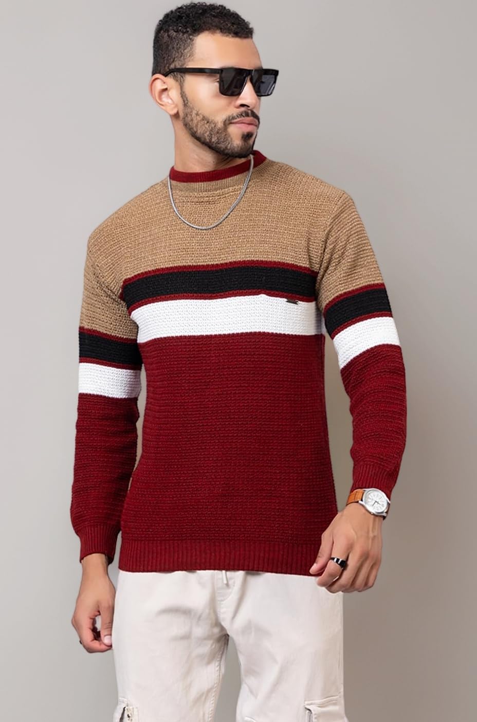 Men’s Wool Blend Striped Knitted Sweater | Soft Warm Crew Neck Pullover for Winter | Casual & Office Wear Knitwear | Stylish Full Sleeve Woolen Top for Men