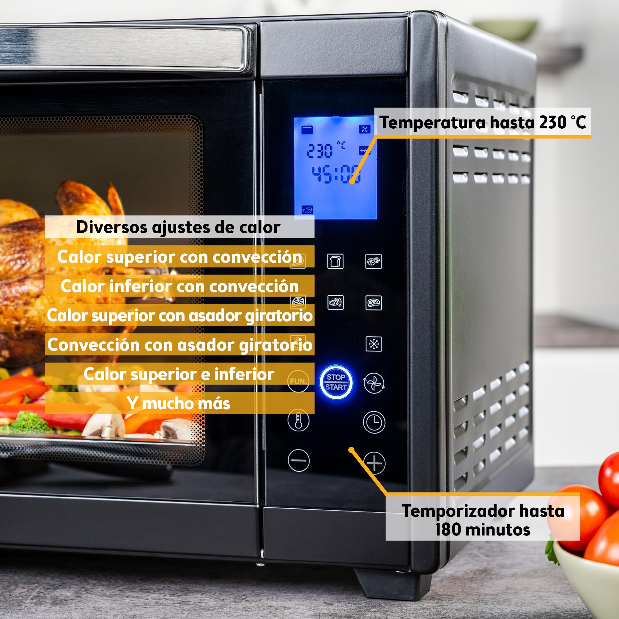 TZS First Austria Mini Horno 45L 2000W con Premium-X Coating – Minihorno Digital hasta 230°C & 4 Alturas – Temporizador de 180 Min & 8 Modos – Incl. Asador Giratorio – Para cocinas pequeñas & camping