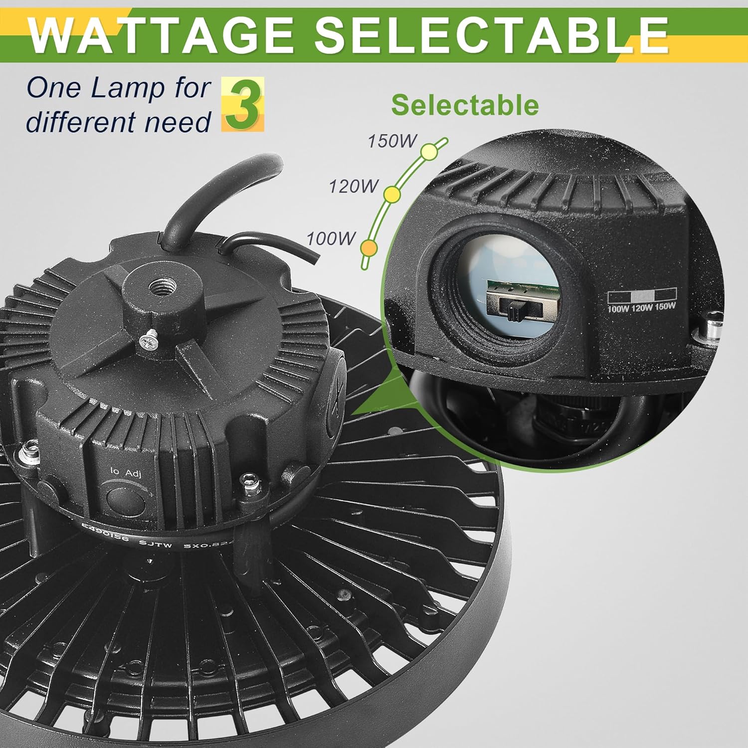 480V UFO LED High Bay Light, 150W/120W/100W Wattage Selectable, 21000LM (500W HPS Equiv.) Dimmable Commercial Bay Light for Shop Garage Factory Warehouse Workshop Area 277-480V