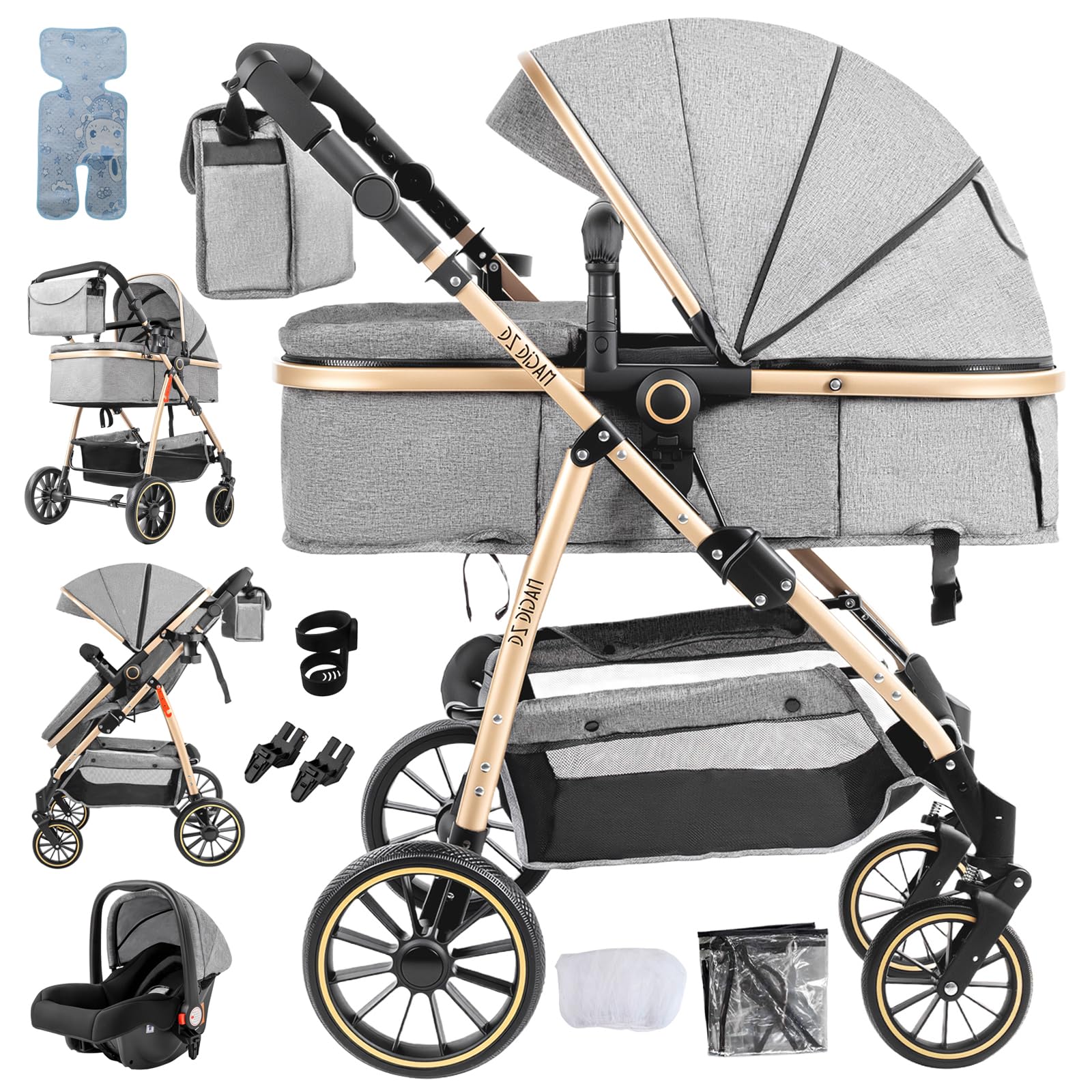 Sianldcone 3 in 1 Pushchair Pram Baby Stroller, Travel System 3 in 1 with Two Reversible Pushing Modes, Toddler Carriage Aluminium Frame, Newborn Infant Buggy with One-Click Folding (V8 Gray)