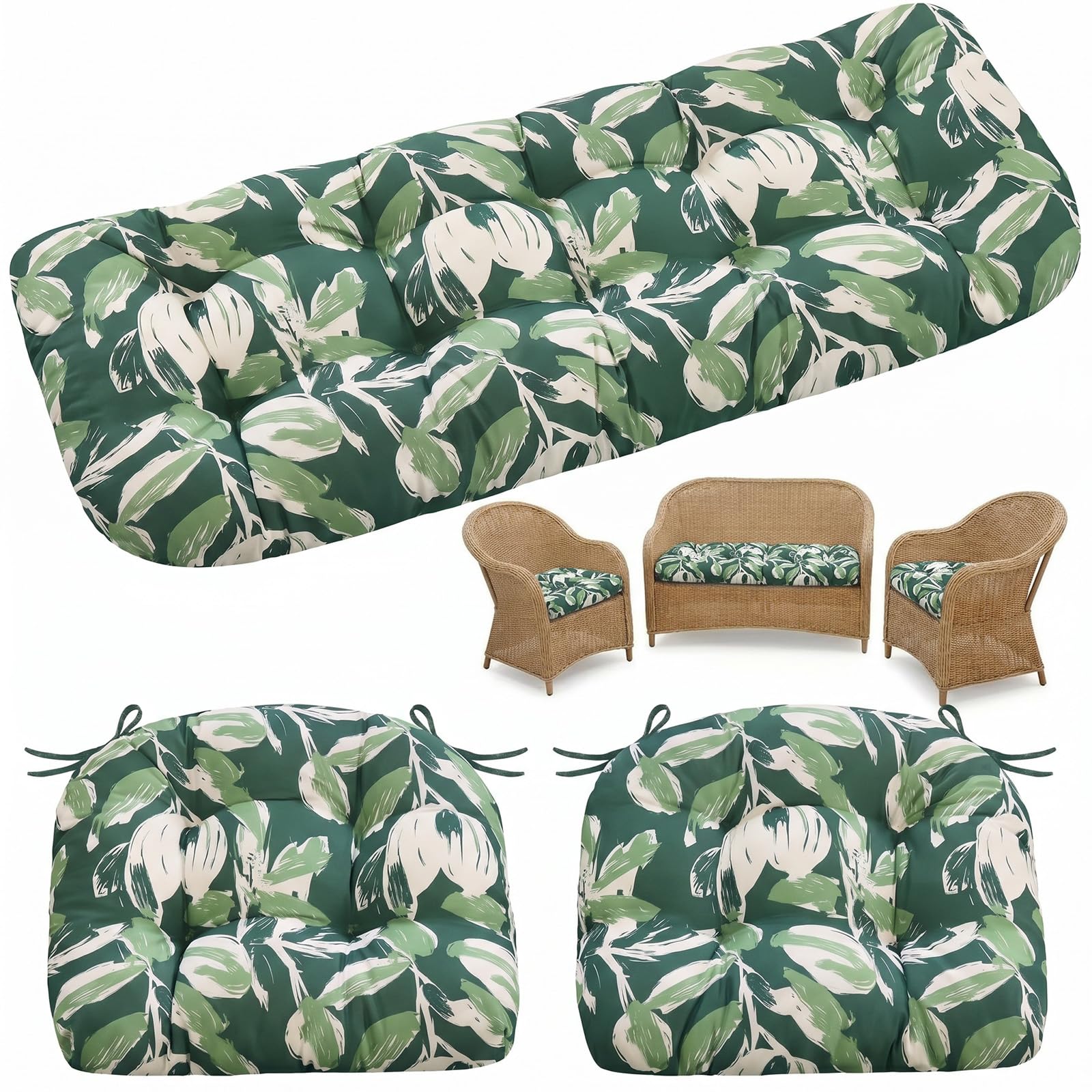 Photo 1 of 1 MIDDLE ONE Wicker Chair Cushions 3 Pieces Set for Outdoor Furniture, Replacement Patio Wicker Furniture Cushions, 1Pc Loveseat Cushion & 2Pcs Chair Cushions (Green Tulip)