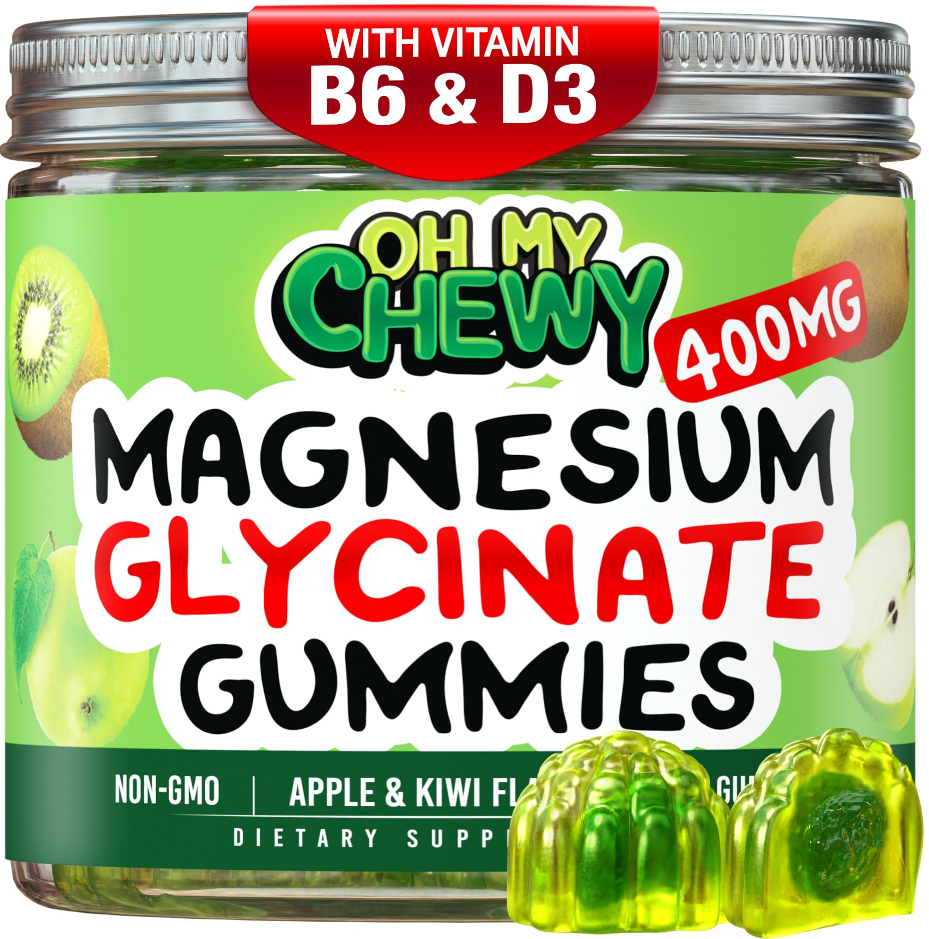Center-Filled Magnesium Glycinate Gummies 400MG - High Absorption for Kids, Teens & Adults - Supplement for Sleep, Calm & Muscle Relaxation with B6 & D3 - Gluten Free & Vegan Friendly - 60 Count