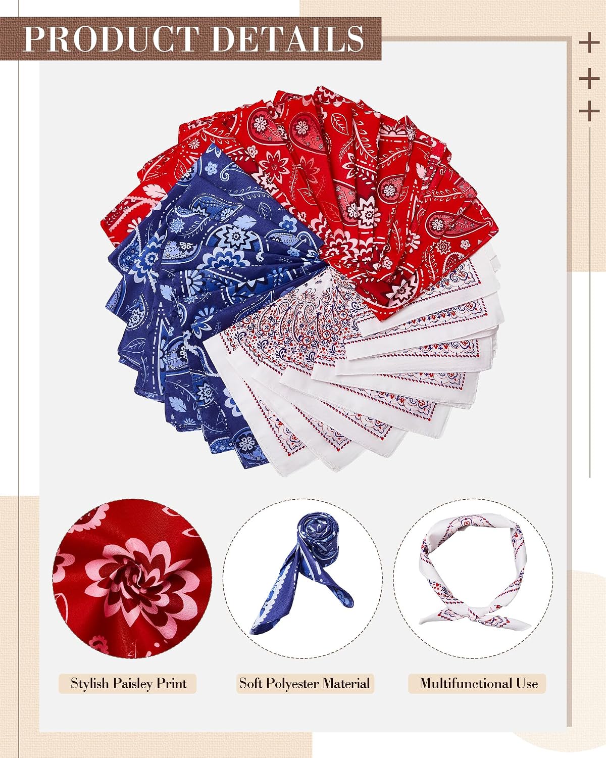 HunnmingRe 12-48 Pcs Paisley Bandanas Bulk Red Blue White Handkerchief Headband Scarf for 250th Anniversary 4th of July