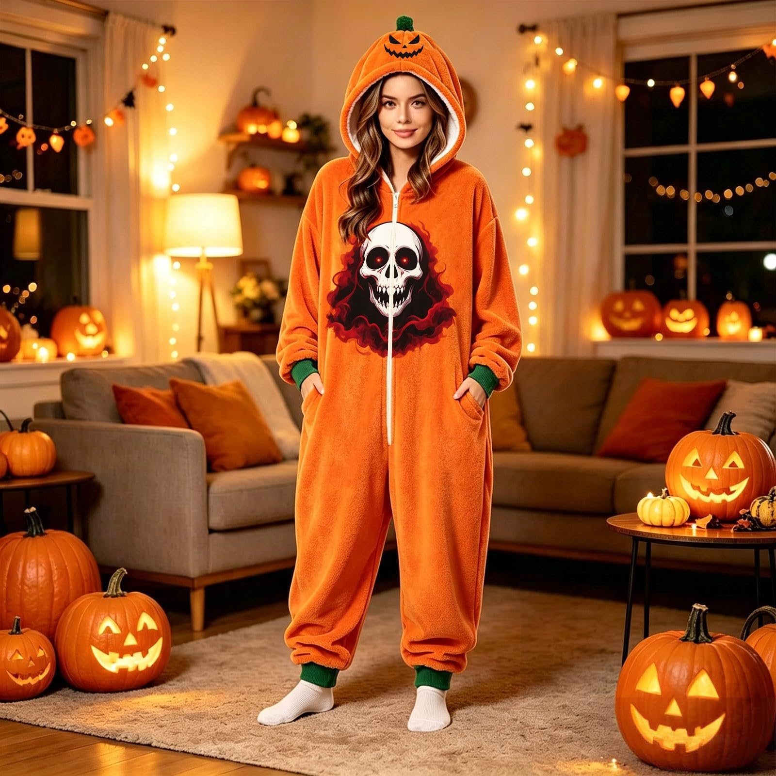 Generisch Onesie Herren - Charakter Hoodie Overall für Erwachsene mit Halloween Print gemütlicher Einteiler für Partys Events Freizeit langärmelig mit vielseitig kombinierbar für Alltag Büro Urlaub