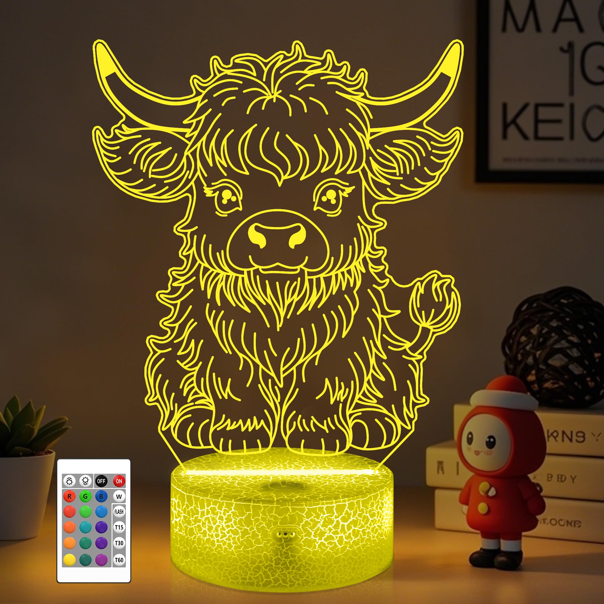 OkiyiD Schottisches Hochlandrind Geschenk für Jungen, 3D Nachtlicht mit 16 Farben, Fernbedienung & Touch Control, Kinderzimmer-Deko, Geburtstagsgeschenk