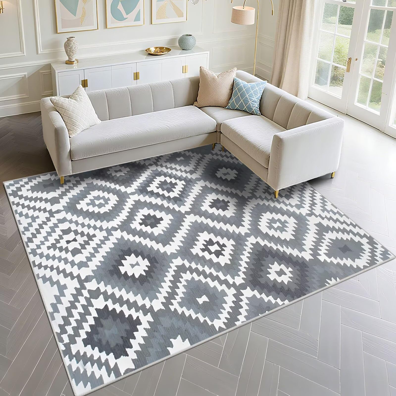 Tapis couloir long waterproof 200x290cm anti-tache gris pour salon dynamique