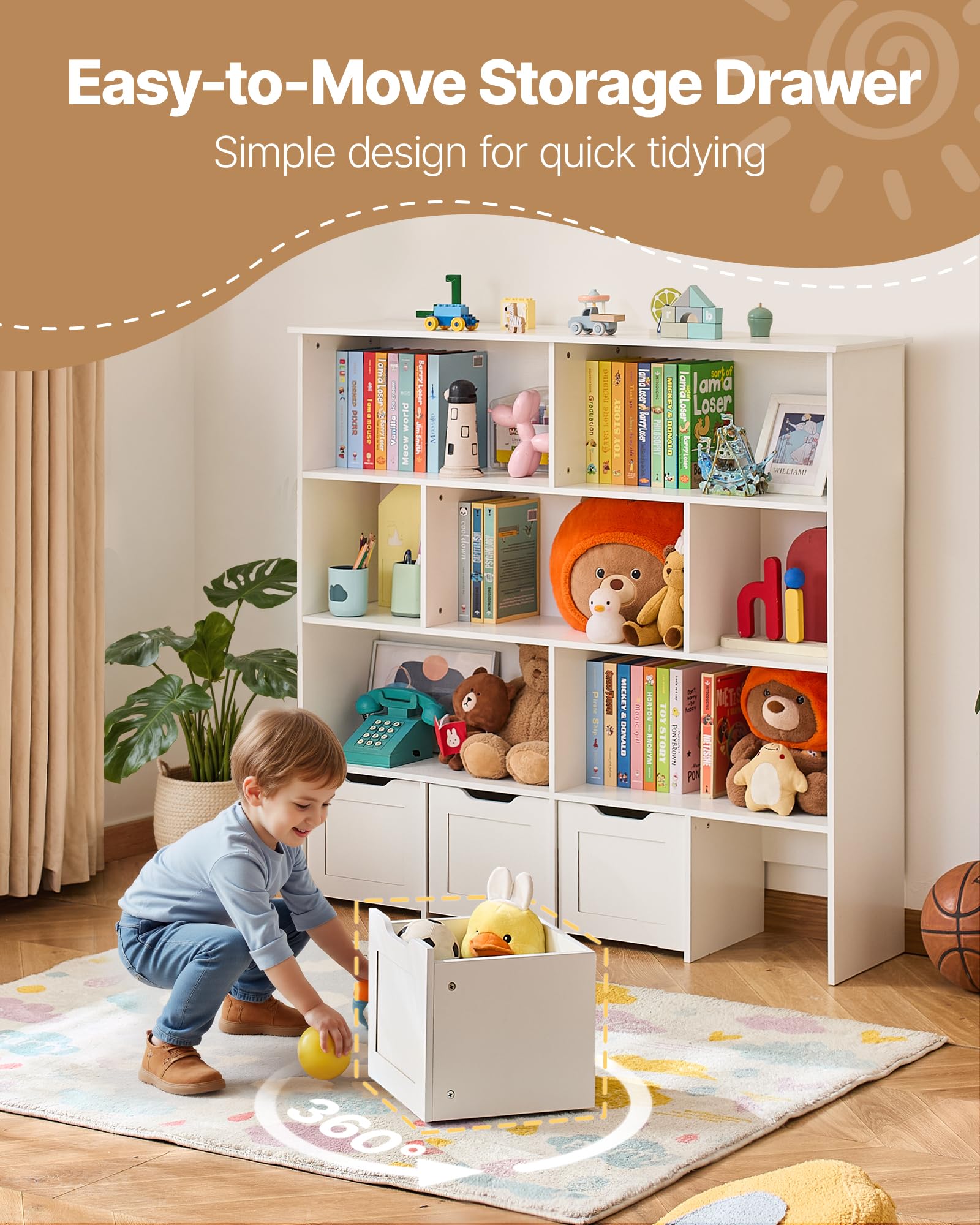 VEVOR Kinderregal Bücherregal aus Holz mit Stauraum, Spielzeugschrank mit 4 mobilen Schubladen, Aufbewahrungsschrank für Spielzeug, Spielzeugregal für Schlafzimmer Kinderzimmer Wohnzimmer, weiß