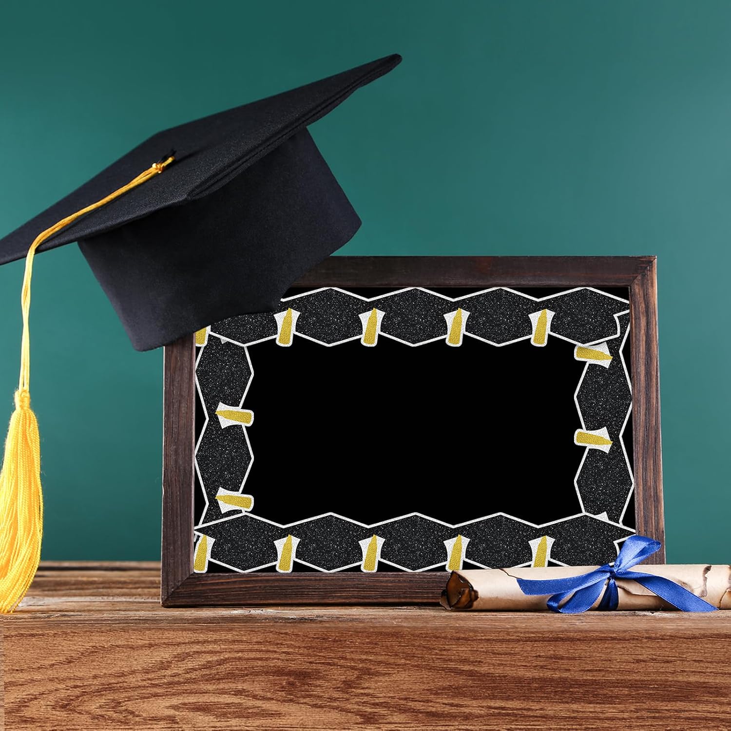 Whaline 65.6 Ft Glitter 2026 Graduation Bulletin Board Border Black Graduation Cap with Gold Tassel Die Cut Trim Border Roll for Congrats Grad Party Supplies