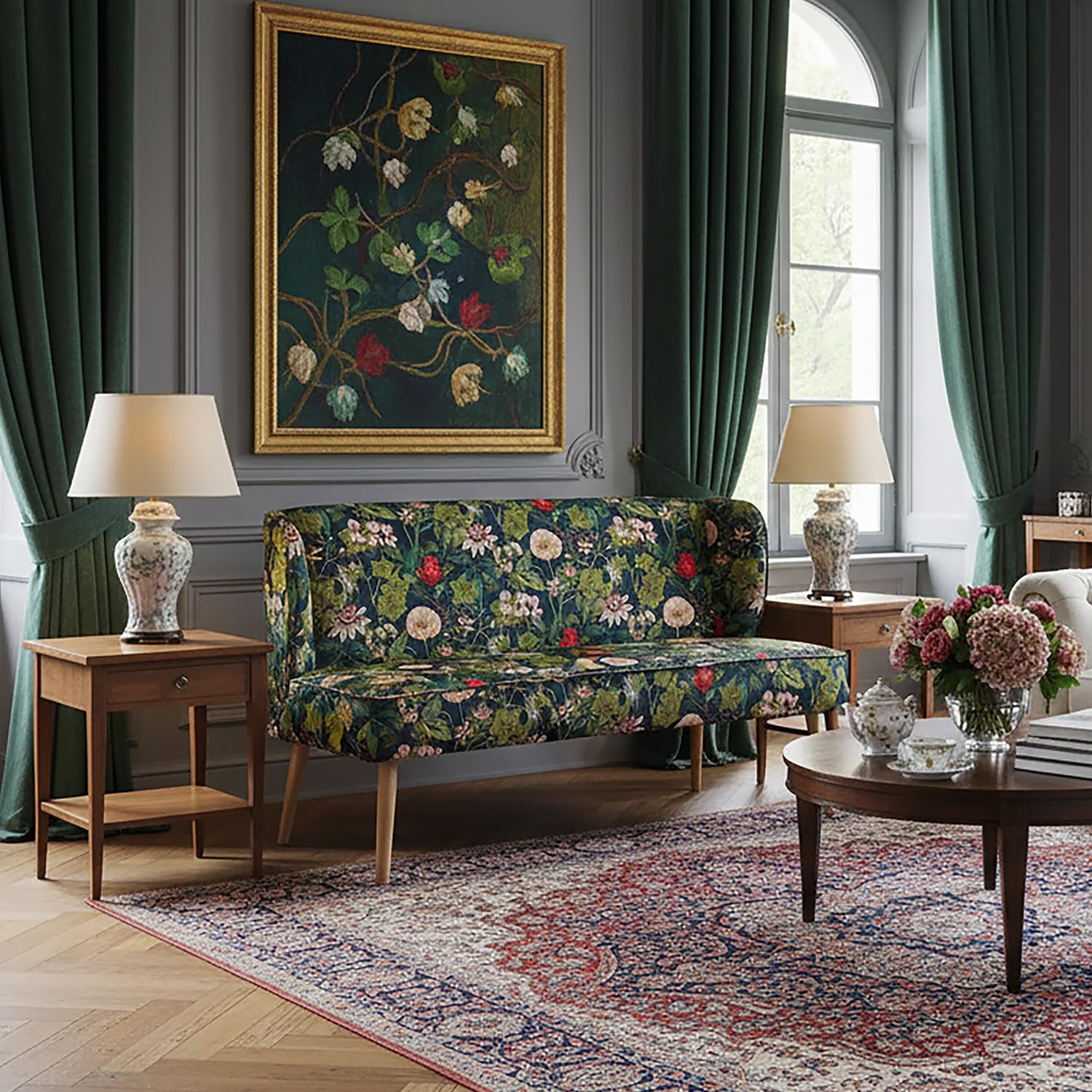 DUBI Möbel Sitzbank Sophia 140 cm mit Federkernpolsterung – Komfortable Esszimmerbank im Blumen-Design – Gepolsterte Küchenbank Dunkelblau Floral – 2-Sitzer Sofa mit Holzbeinen