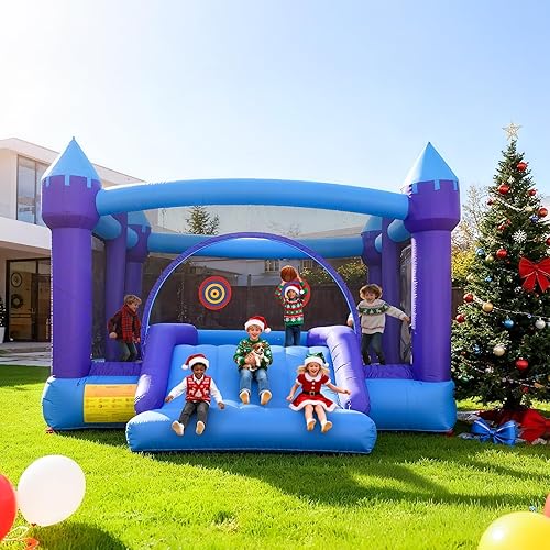 Hapfan Inflatable Bounce House for Big Kids, 15ft x 12ft Large Outdoor Bouncy Castle with Wider Slide & Basketball Hoop, Great for Birthday Party, Blower Included, Holds 6 Kids 600lbs (Purple)