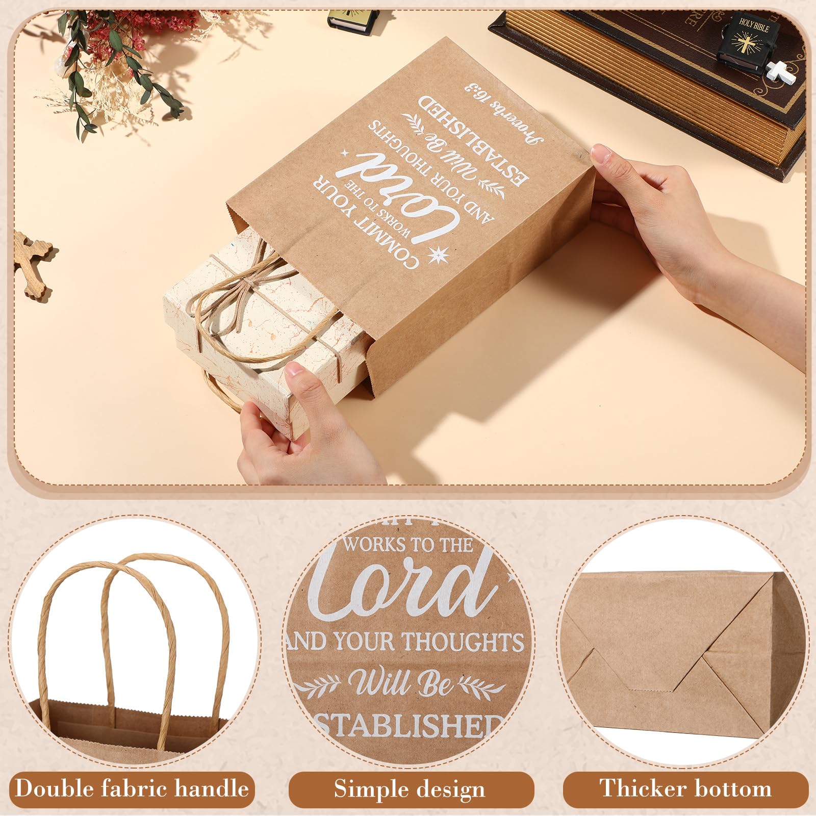 Chiisong 100 Pcs Christian Gift Bags, Fathers Day Religious Bible Verse Treat Bags with Handles Inspirational Church Scripture Bag for Women Wedding Baptism Birthday Party Favor(Kraft with White)