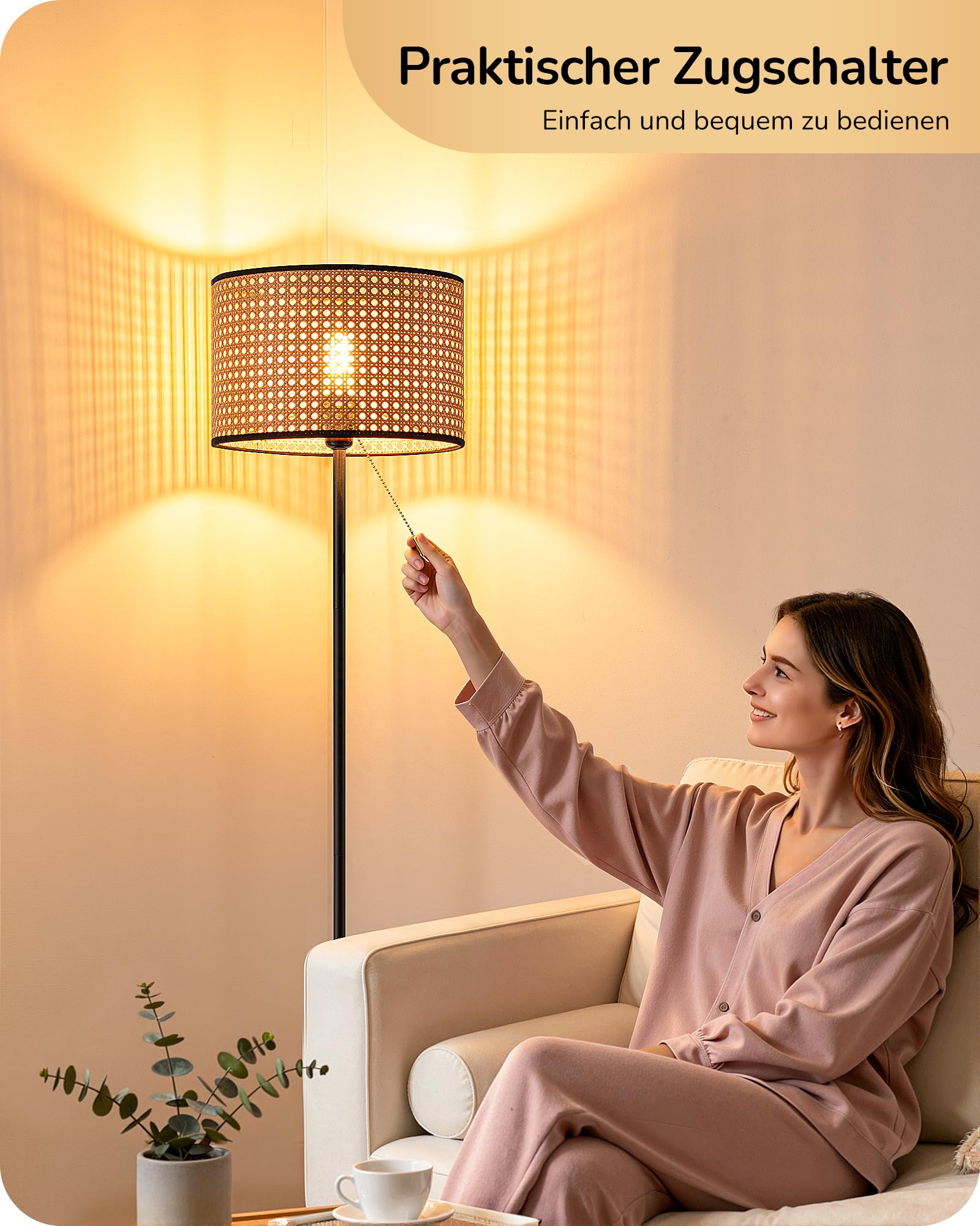 EDISHINE Stehlampe Wohnzimmer, Moderne Stehleuchte Schwarz mit Rattan-Lampenschirm und Zugschalter, E27 Fassung inkl. LED-Lampe, 2700K Warmweiß für Schlafzimmer, Flur