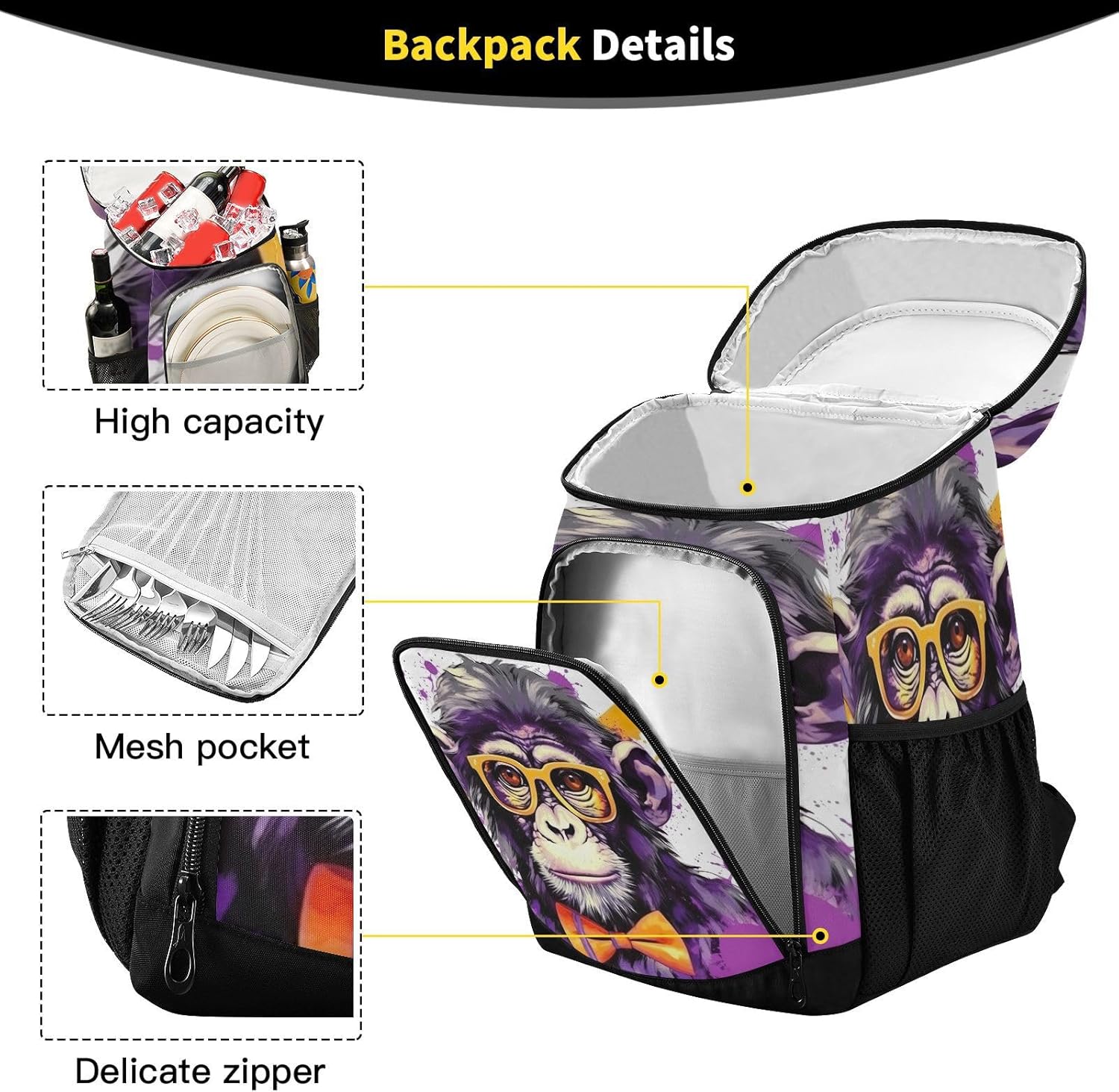 Monkey Sunglasses Cooler Backpack 36 Cans Leakproof Waterproof Backpack Cooler Bag Beach Accessories for Women and Men Travel Camping Fishing Backpack