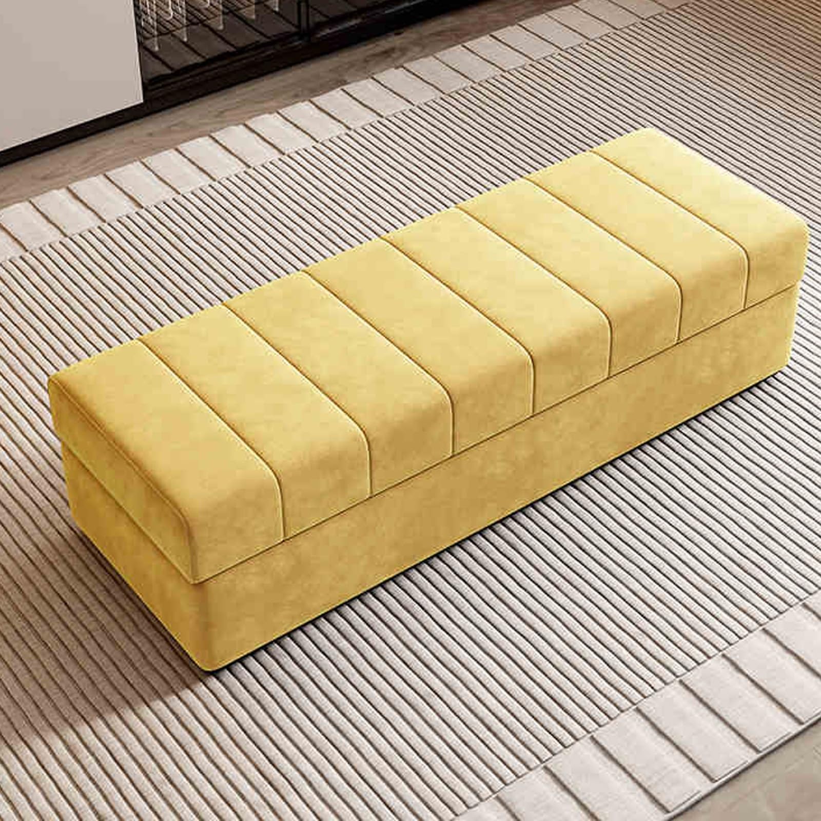 Banc repose-pieds ottoman beige en bois massif 90x45cm avec rangement rembourré pour entrée