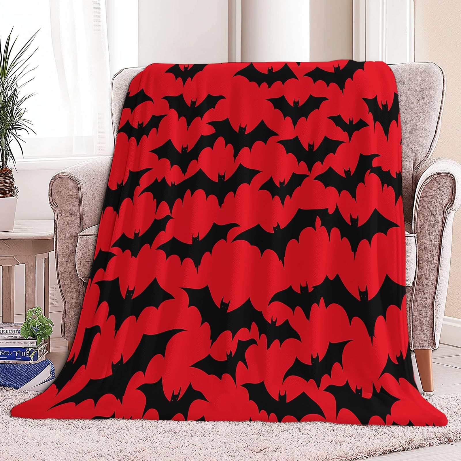 Genérico Koc flanelowy nietoperze Halloween Koce Sherpa 220 x 240 cm Miękki Ciepły Koce z Mikrofibry, Czerwony Sofa Koc Wełniany Kemping Sypialnia Salon Wystrój Domu