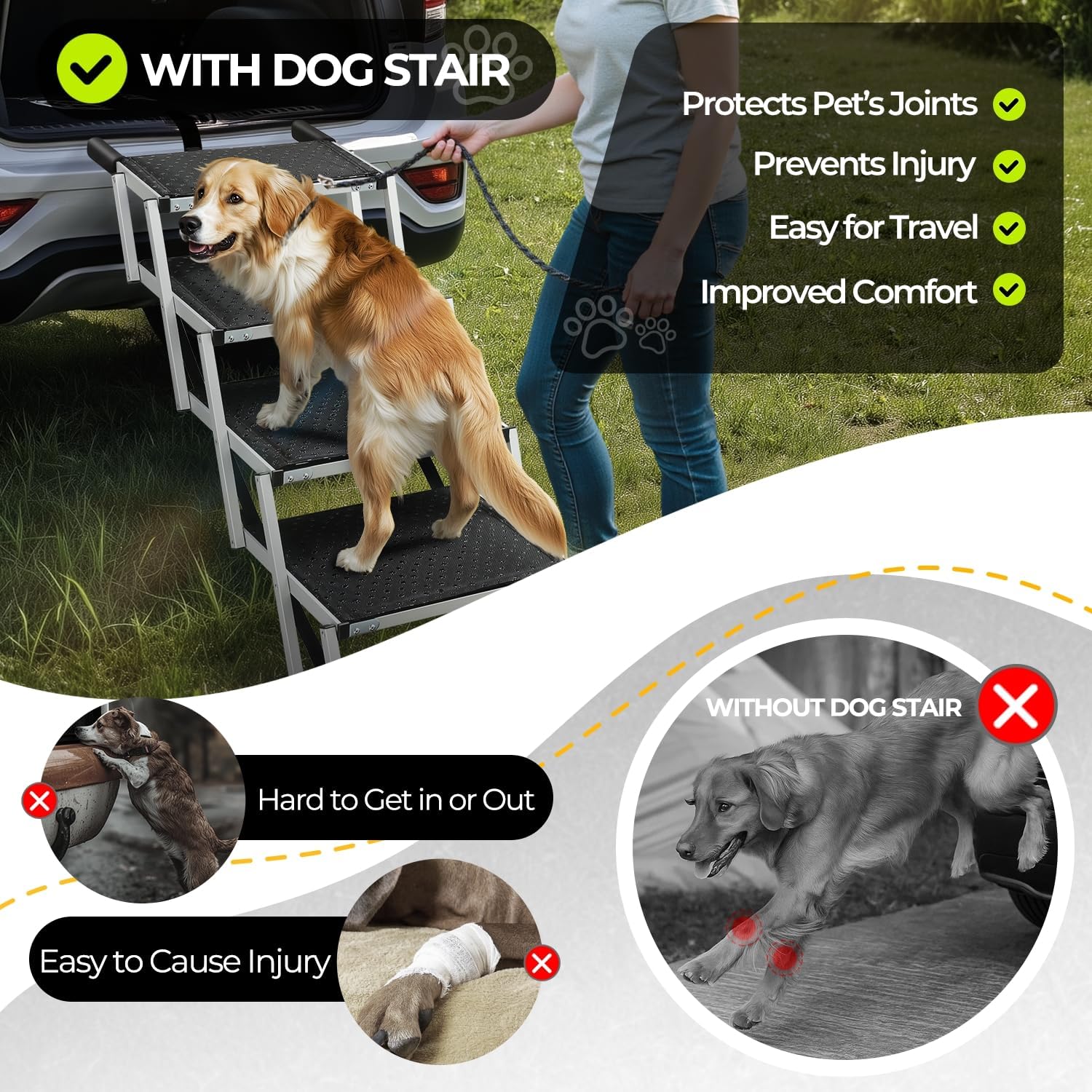 Auto Dynasty Dog Stairs for Large Dogs - 5 Steps Wide 37.4in High 31.8in Foldable Dog Ramp Vehicle Ramps for Car Non-Slip Surface Support up to 150lbs - Suitable for SUV,Truck, Sofas, Bed