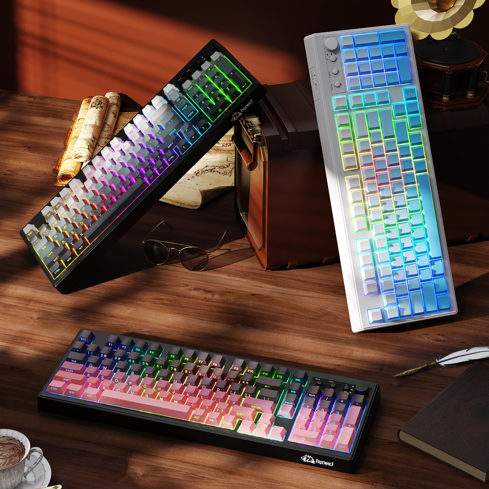 ZIYOU LANG K100 Tastiera Gaming Wireless, Tripla Modalità (BT/2.4G/Cavo) Tastiera a Membrana con Manopola, 102 Tasti PBT Gradiente, 4000mAh, RGB Backlit, Compatibile con PC/Mac e Altro -Mora