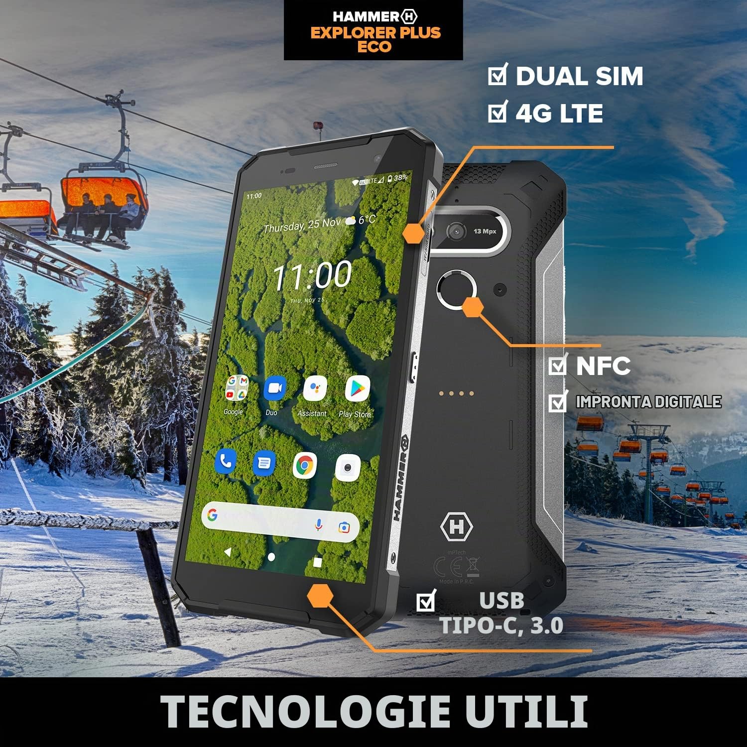 Hammer H Explorer Plus Eco, smartphone robusto, Display IPS da 5,7" HD+, 4 GB DI RAM, 64 GB di memoria interna, USB-C, GPS e A-GPS, Android 11, 5000 mAh, IP69, 13 Mpx, 4G LTE, Doppio SIM, argento