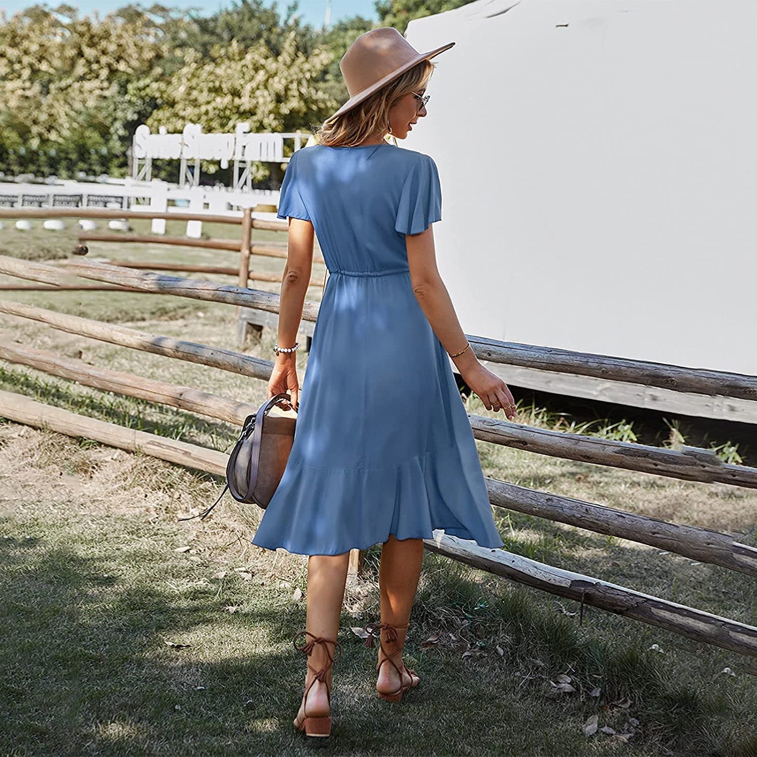 one piece dress Women's Casual Dresses, Loose Drawstring Waist V Neck Short  Sleeve Knee Length Long Beach Dress (Color : Blue, Size : Medium): Buy  Online at Best Price in UAE