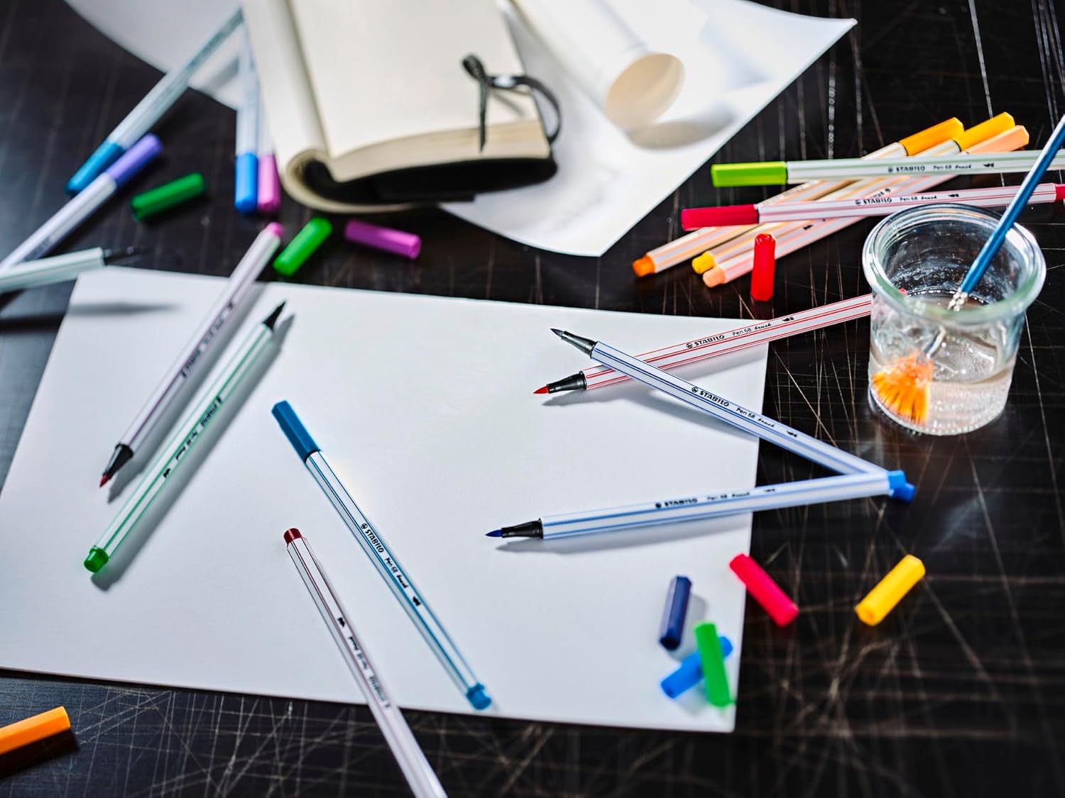 STABILO Fineliner, Premium Fiber-Tip Pen with Brush Tip, Aquarellable Colouring Pencil - point 88, Pen 68 brush, STABILOaquacolor ARTY - Tin of 36 - Assorted Colors