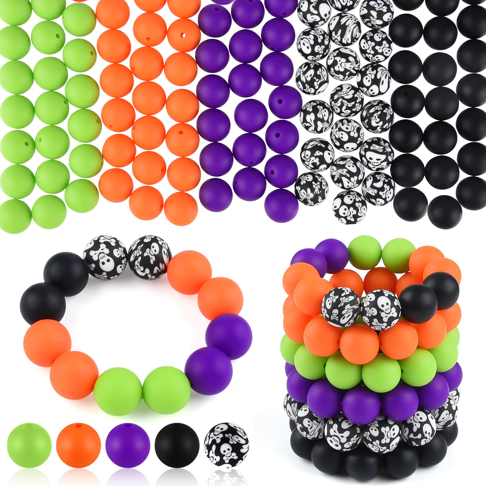 ASTARON Halloween-Silikonperlen, 100 Stück, 15 mm, lila, orange, schwarz, für Halloween-Bastelarbeiten, Schlüsselanhänger, Armbänder, Schmuckherstellung, Geschenkideen, Dekorationen