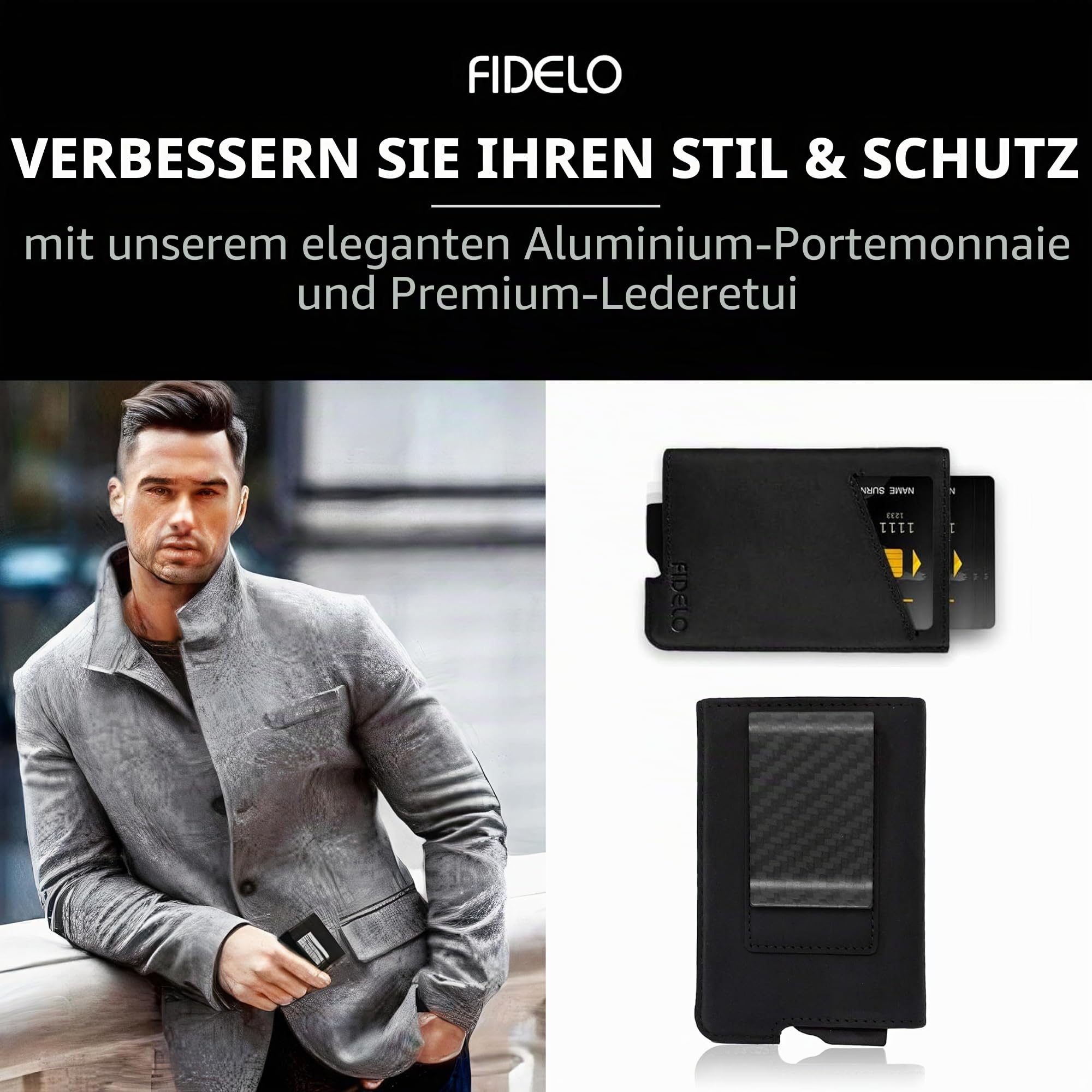 Fidelo Karbonfaser-Minimalistische Brieftasche – Schlankes Kreditkartenetui, Geldscheinklammer-Geldbörsen für Herren – Leicht und kompakt