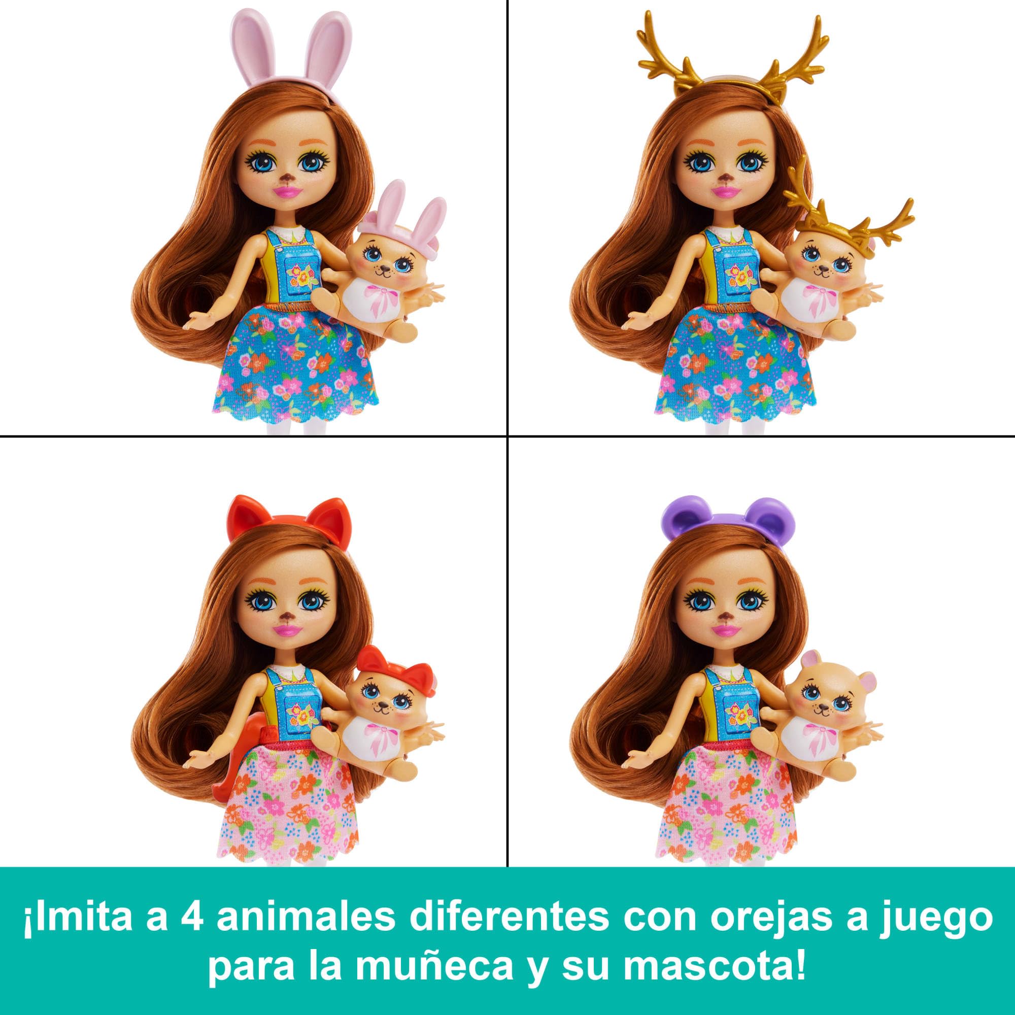 Enchantimals Casita para divertirse con amigas, Muñeca con casa de muñecas con 7 áreas de juego, muebles, orejas para personalizar y accesorios, juguete regalo para niños y niñas +4 años, HXL53