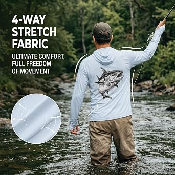 Riverruns Men's UPF 50+ Quick-Dry Cooling Fishing Hoodie with Fish Graphic