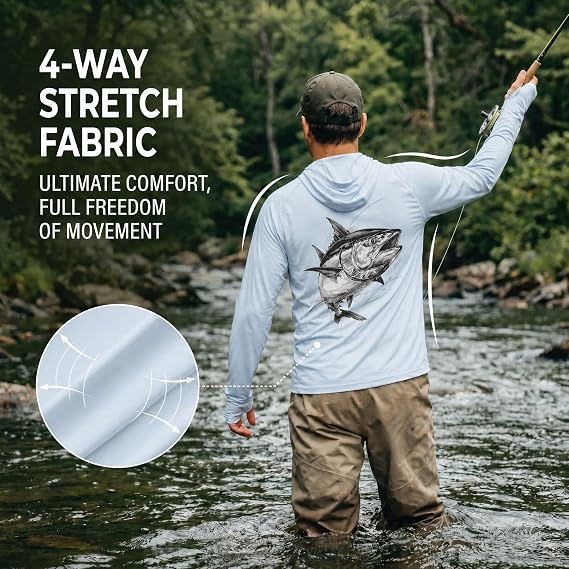 Riverruns Men's UPF 50+ Quick-Dry Cooling Fishing Hoodie with Fish Graphic