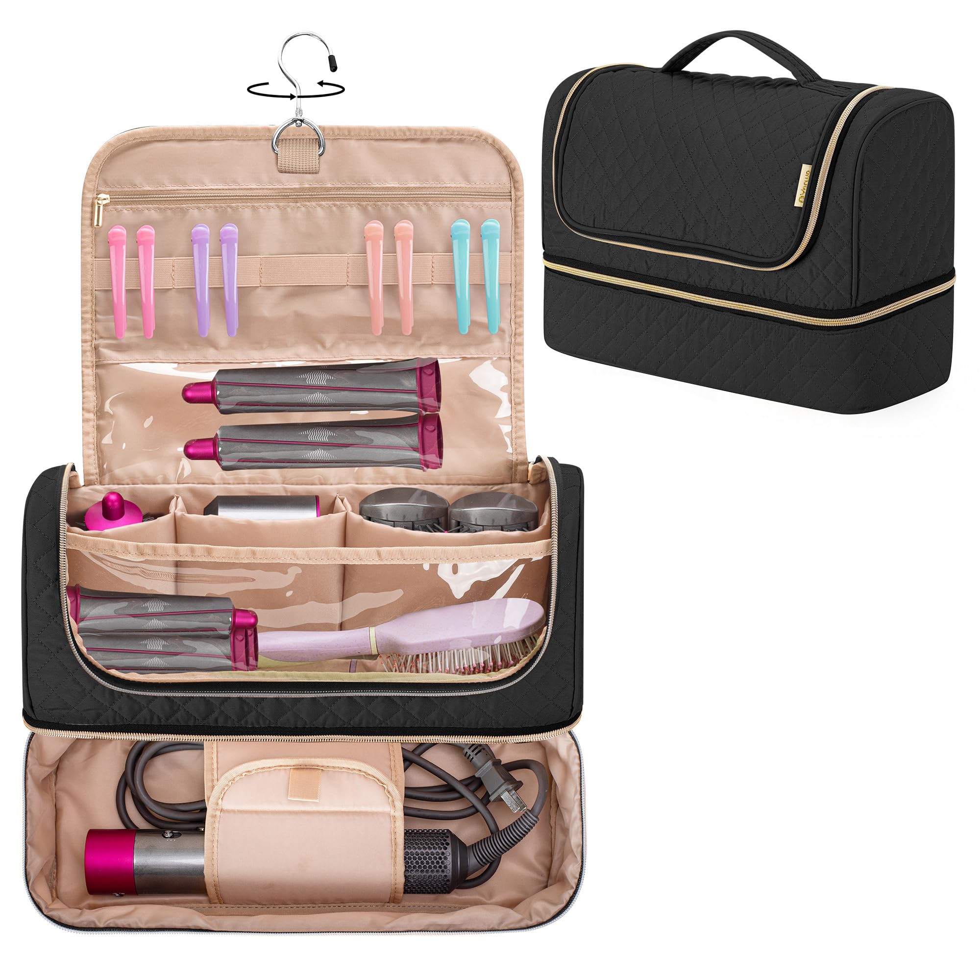 Yarwo 2026 Upgraded Storage Bag Compatible for Dyson Airwrap i.d. Multi-styler Complete and Attachments, Double-layer Travel Case with Hanging Hook for Hair Curler Accessories, Black (Bag Only)