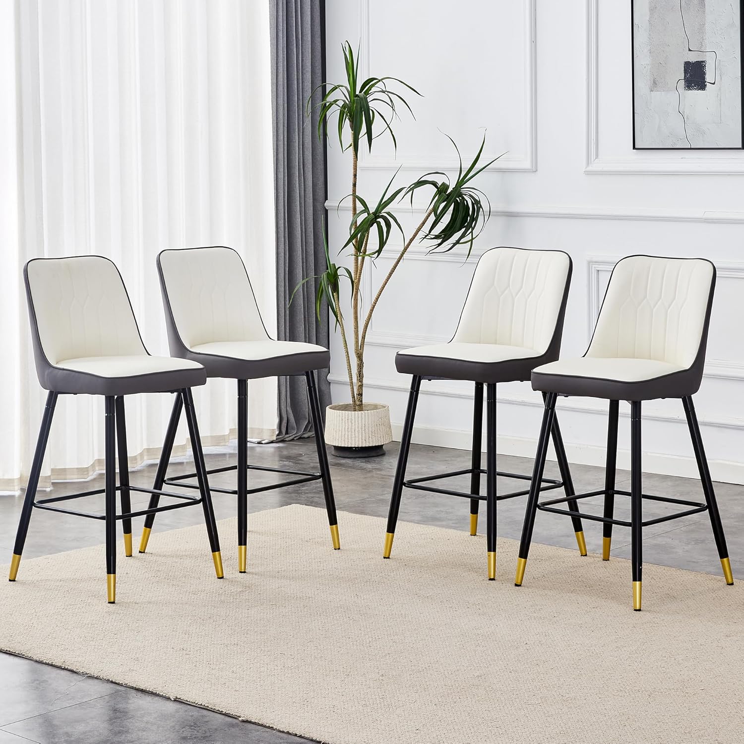 Counter Height Bar Stools Set of 4,27" Modern Bar Stools with Back,Upholstered Counter Height Bar Stool with Sturdy Metal Footrest,Kitchen Island Chairs for Home Pub (White-Grey,4)