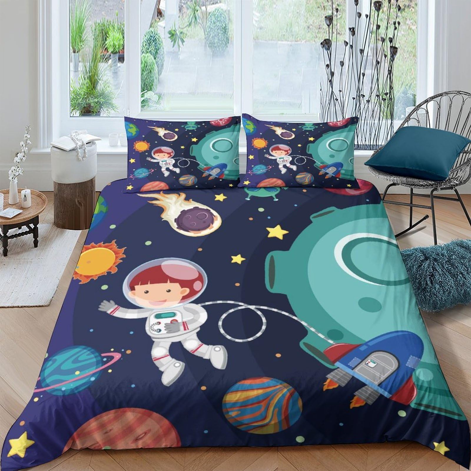Ctjqhvkz Style-2 3D Printed Space Astronaut Fitted Sheet Microfiber Dark Blue Cartoon Planet Mattress Cover Bedroom Dorm House Decor Single（135X200cm）