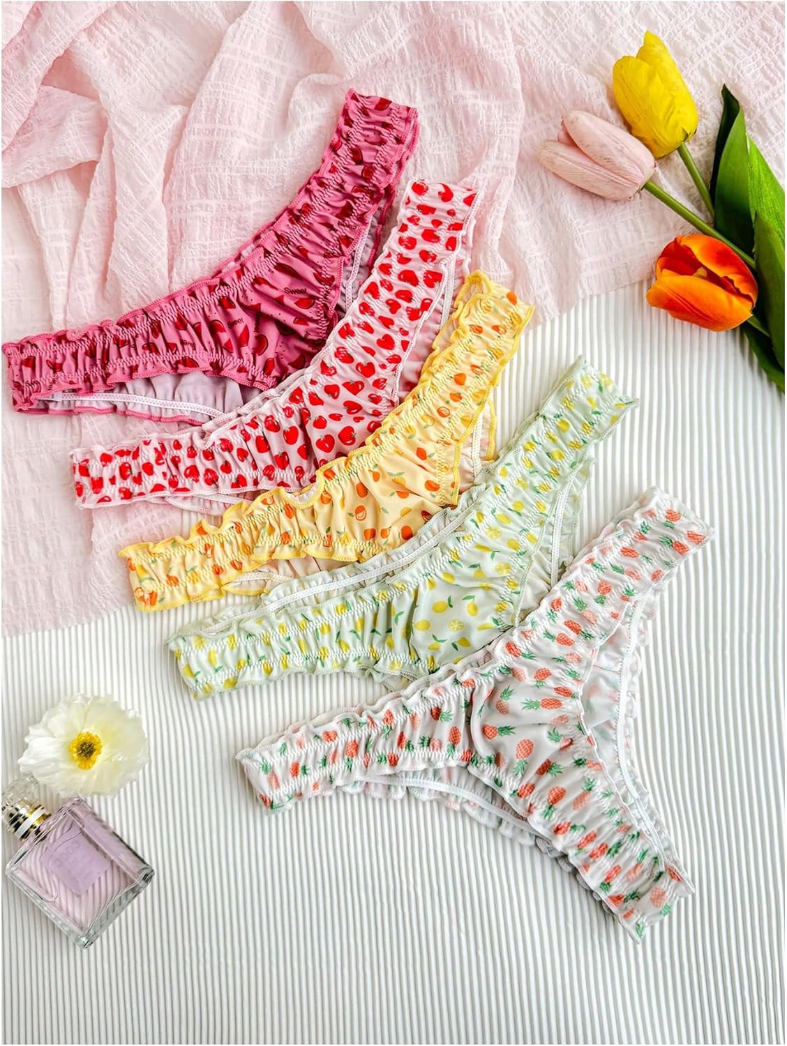 SHENHE Women's 5 Pack Thongs Underwear Low Rise Frilly Panties Tangas Fruit Print Cute Underwear - Image 2