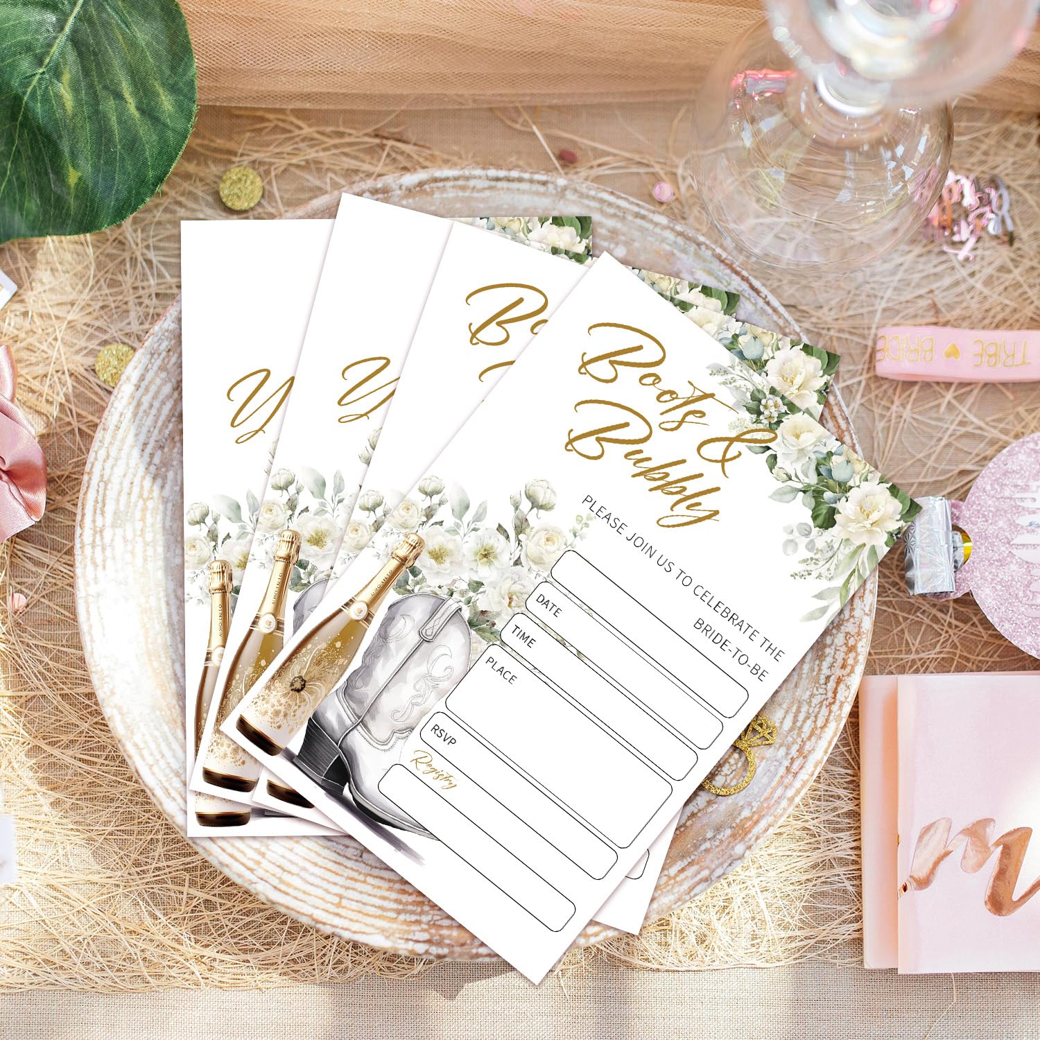 Buty & Bubbly zaproszenia na wieczór panieński, zaproszenia na ślub na zachód, 25 zaproszeń na wieczór panieński kowbojki z kopertami, materiały na przyjęcie zaręczynowe/HL 008