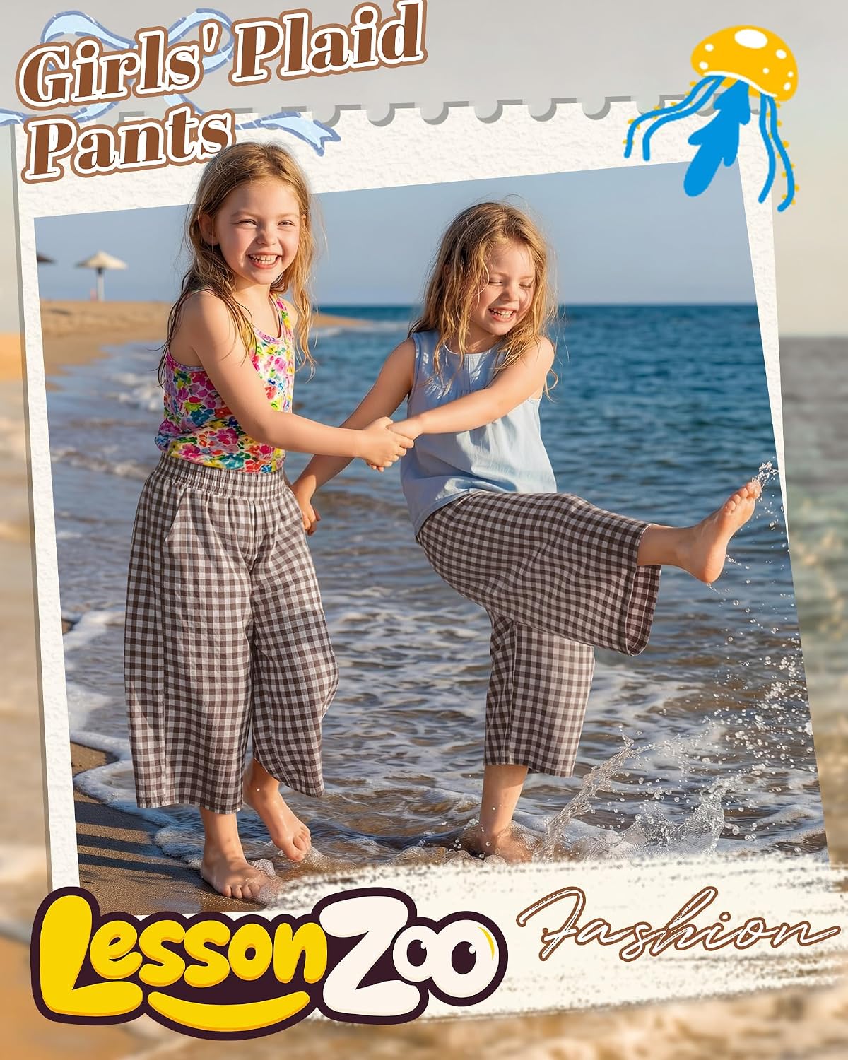 Girl's Gingham Skirt Pants Flowy Plaid Wide Leg Culottes Elastic Waist Ankle Palazzo Casual Trousers with Pockets