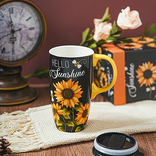 Miniatura 19 de Taza de café de cerámica para regalo con tapa de 17 onzas, taza de té alta de porcelana con asa para el hogar y la oficina, taza con diseño